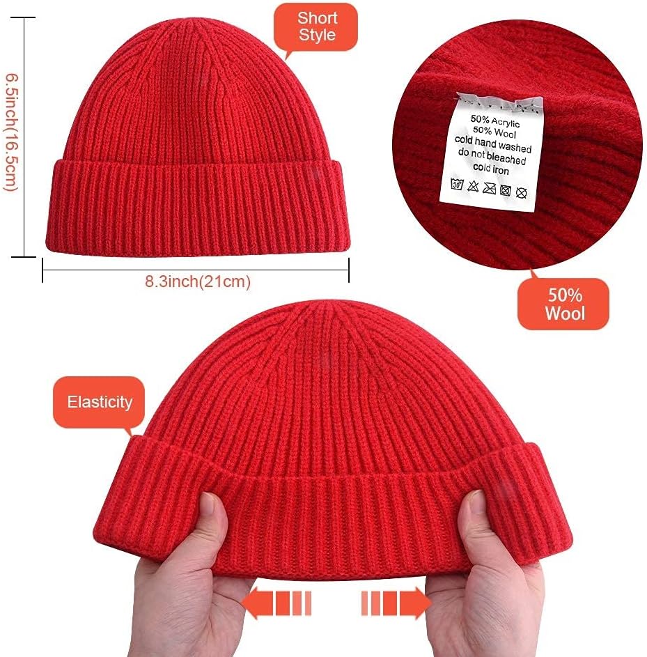 Short Fisherman Beanie for Men Women, Swag Wool Knit Cuff Trawler Skullcap,Winter Warm Hats