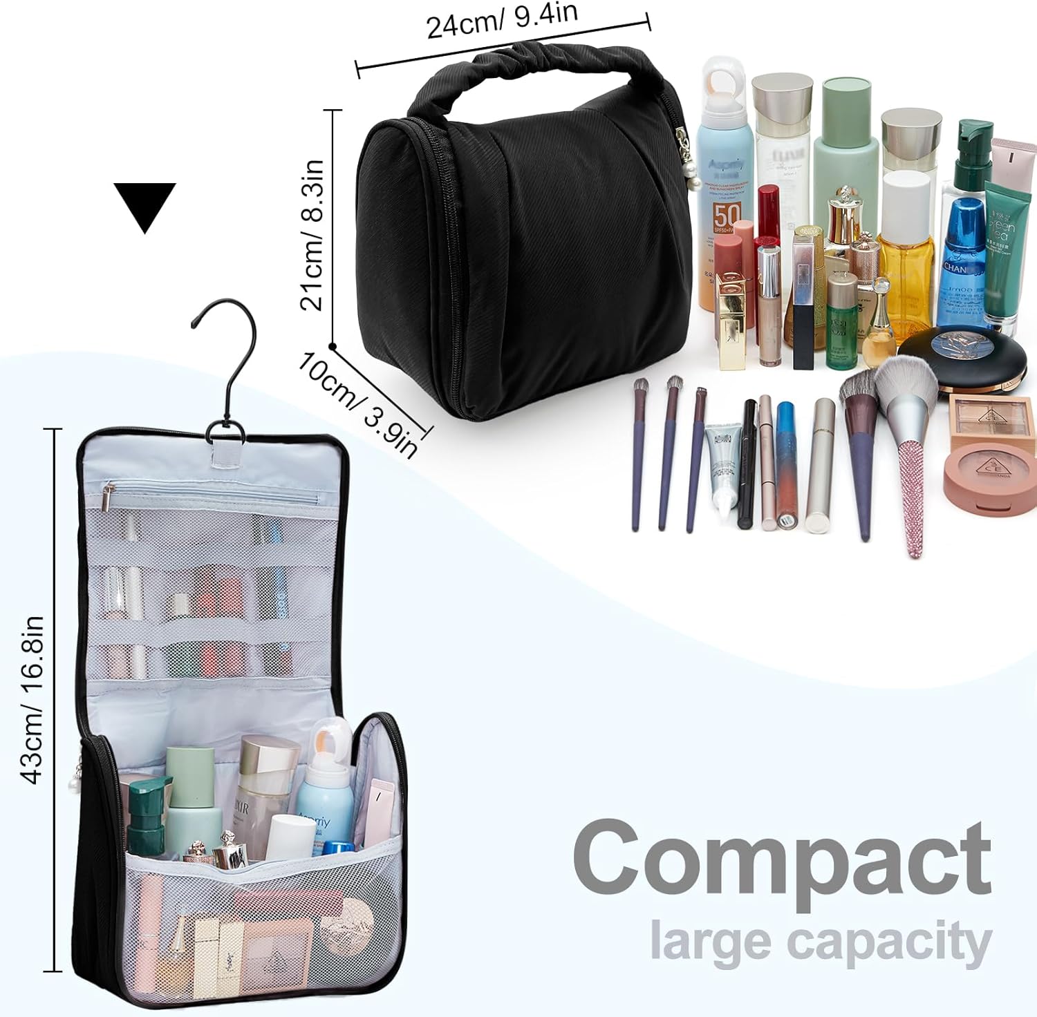 Cute Hanging Travel Toiletry Bag for Women, Small Ruched Make-up Bag Cosmetic Hand-bag, Carry-On Storage Organizer Pouch with Handles Pearl Zipper for Travel Essentials Skin-Care Accessories, Black