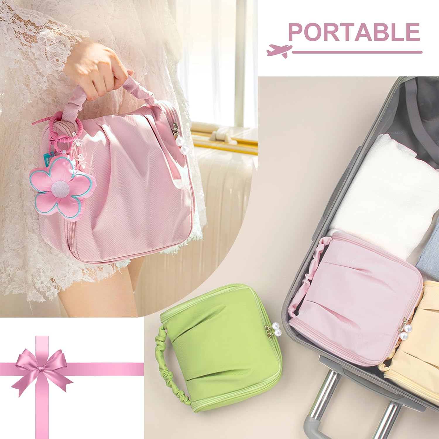 Cute Hanging Travel Toiletry Bag for Women, Small Ruched Make-up Bag Cosmetic Hand-bag, Carry-On Storage Organizer Pouch with Handles Pearl Zipper for Travel Essentials Skin-Care Accessories, Black