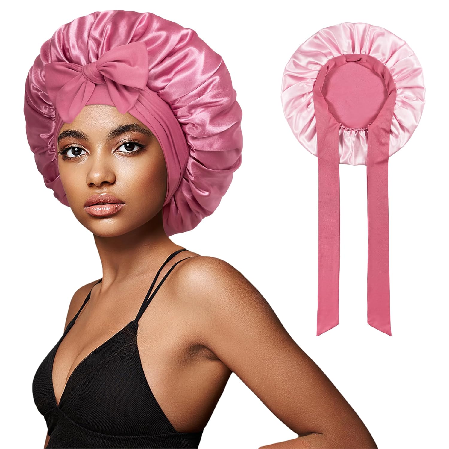 Bonnet with Tie Band, Hair Care Satin Silk Bonnet for Sleeping Women, Silky Sleep Bonnets for Women, Reversible Double Layer Sleep Cap for Curly Hair Braids