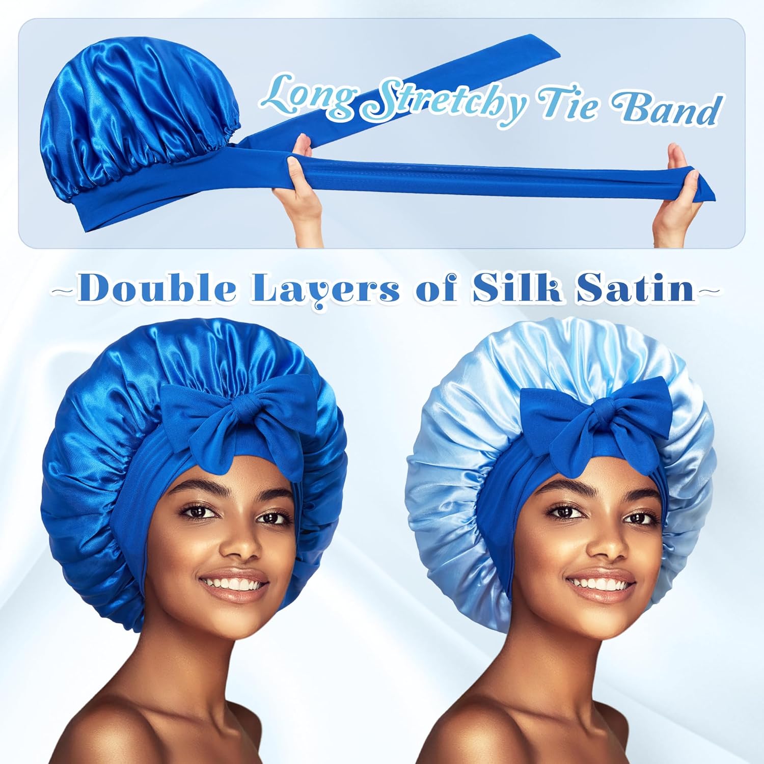 Bonnet with Tie Band, Hair Care Satin Silk Bonnet for Sleeping Women, Silky Sleep Bonnets for Women, Reversible Double Layer Sleep Cap for Curly Hair Braids