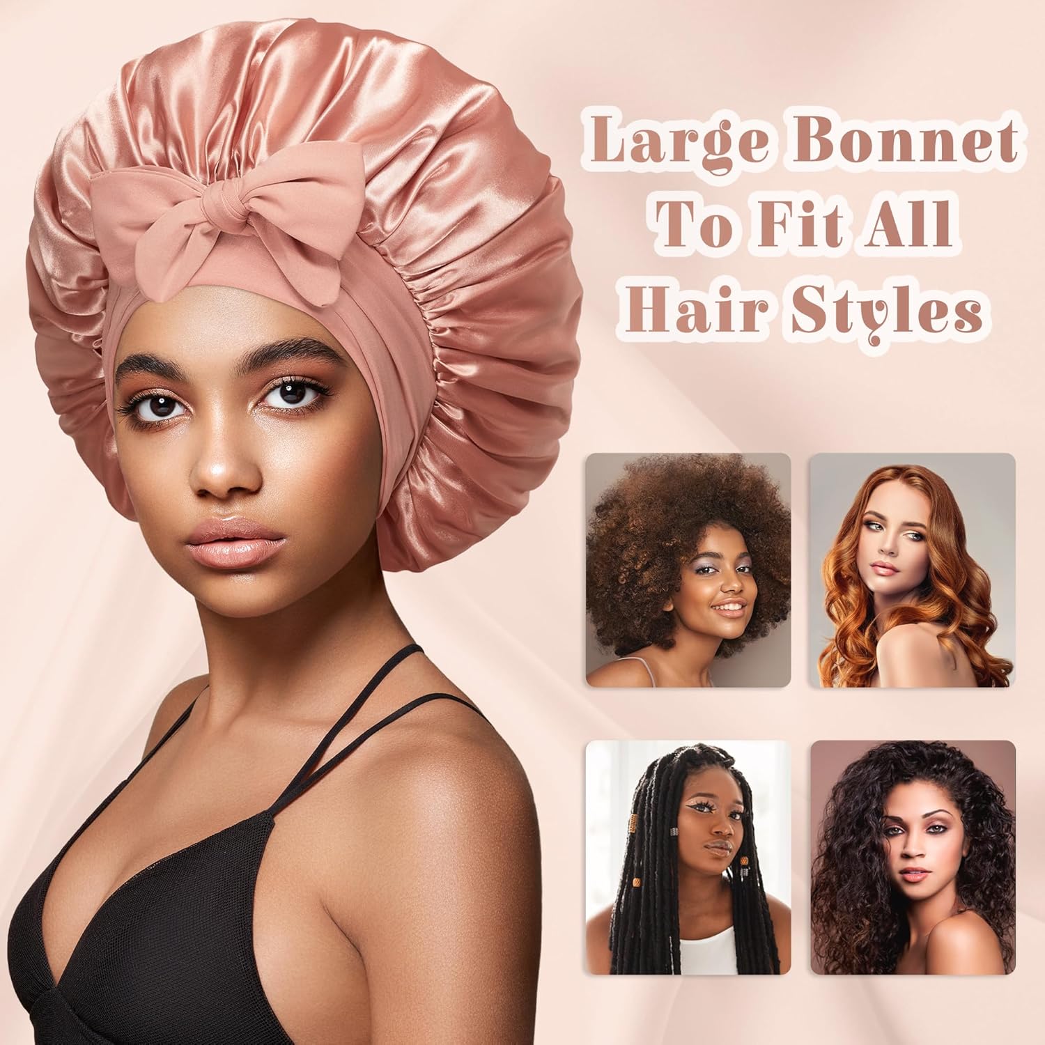 Bonnet with Tie Band, Hair Care Satin Silk Bonnet for Sleeping Women, Silky Sleep Bonnets for Women, Reversible Double Layer Sleep Cap for Curly Hair Braids