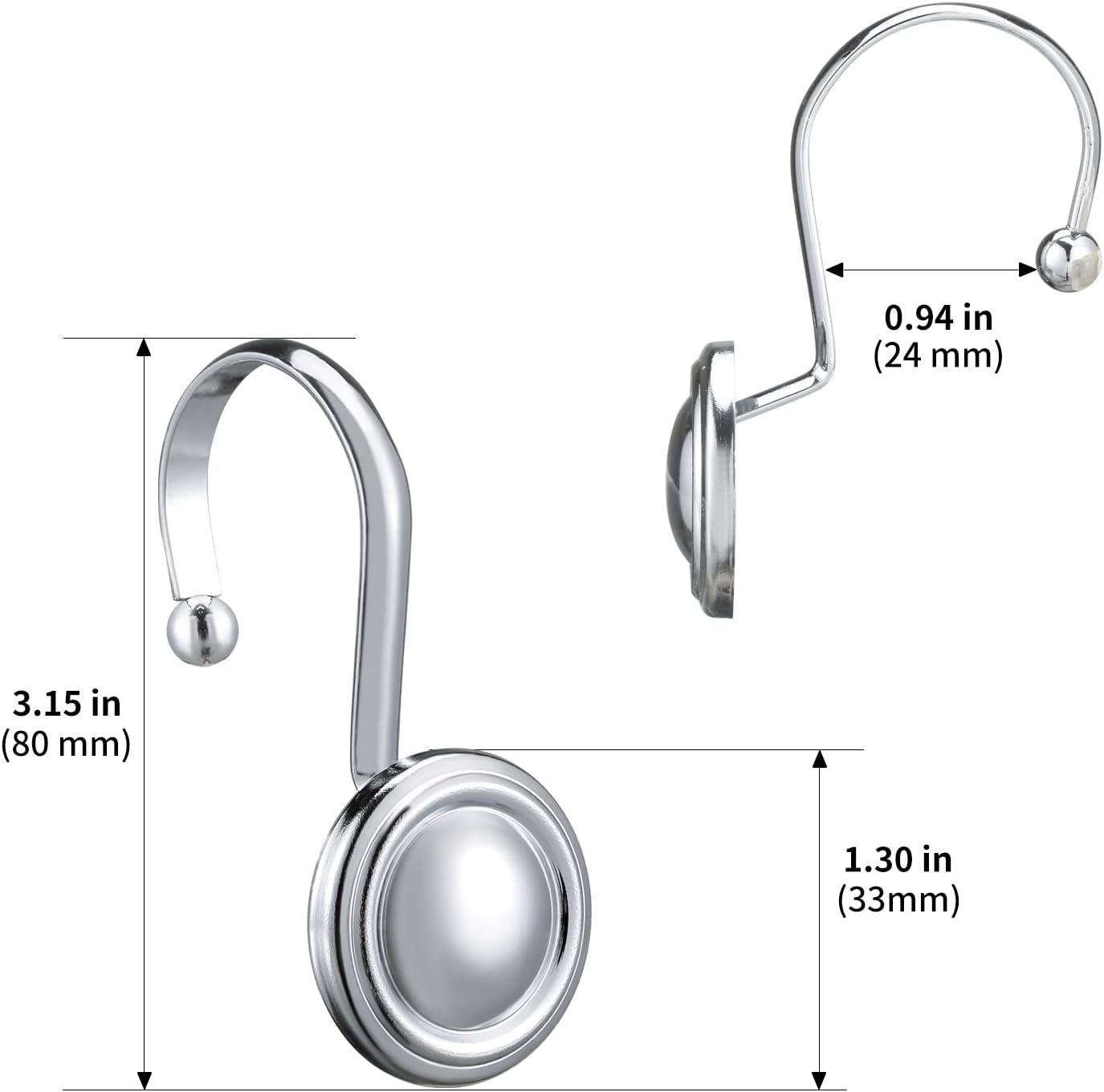 Silver Shower Curtain Hooks, Chrome Decorative Shower Curtain Hooks for Bathroom, Rt Proof Shower Curtain Rings Hangers for Shower Curtain Rod,Set of 12 Metal Glossy Round Design