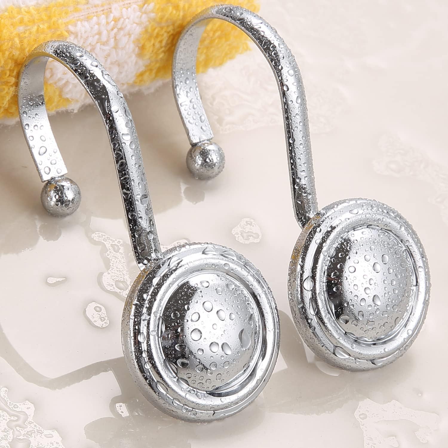 Silver Shower Curtain Hooks, Chrome Decorative Shower Curtain Hooks for Bathroom, Rt Proof Shower Curtain Rings Hangers for Shower Curtain Rod,Set of 12 Metal Glossy Round Design