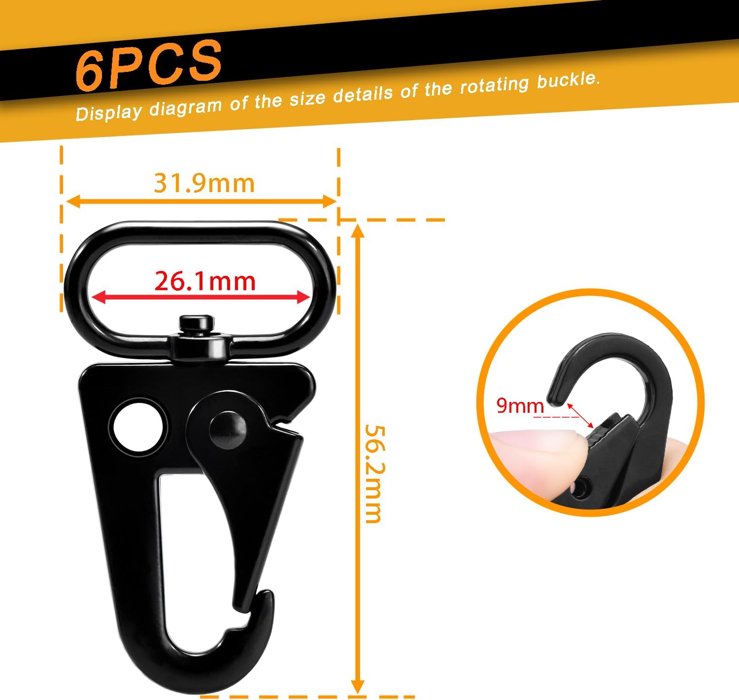 6 Pack Paracord Lanyard Accessories 1" Rifle Sling Clips Metal Swivel Snap Hook Keychain Carabiner Key Chain for Keyrings Black