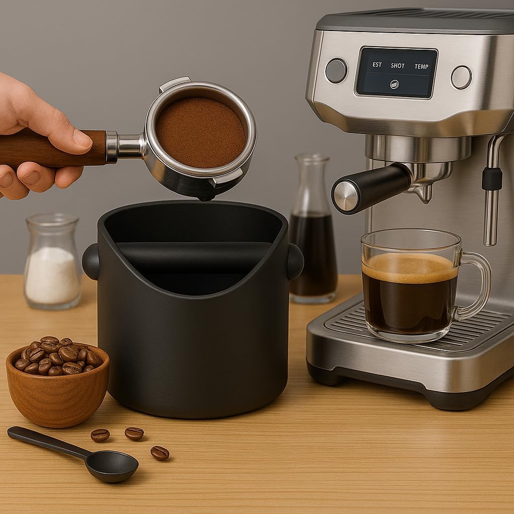 Coffee Knock Box, 4.6 in, Barista Style Espresso Grounds Knock Box, Removable Plastic Knock Rod, Non-Slip Base, Espresso Maker Accessory Black