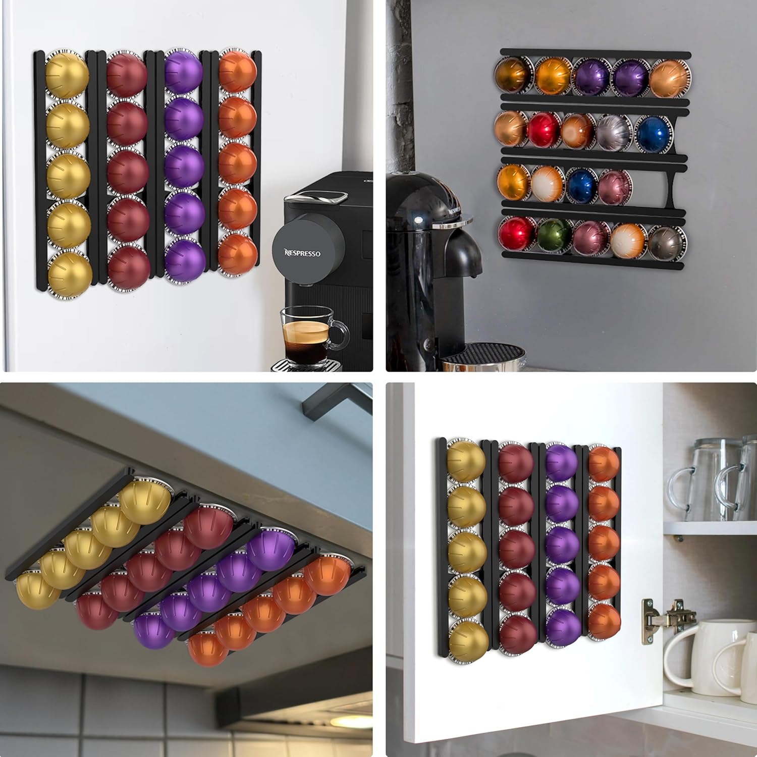 Coffee Pod Holder Compatible with Nespresso VertuoLine Capsules – 20-Pod Space-Saving Organizer for Wall, Cabinet, or Under-Counter Mount, Black