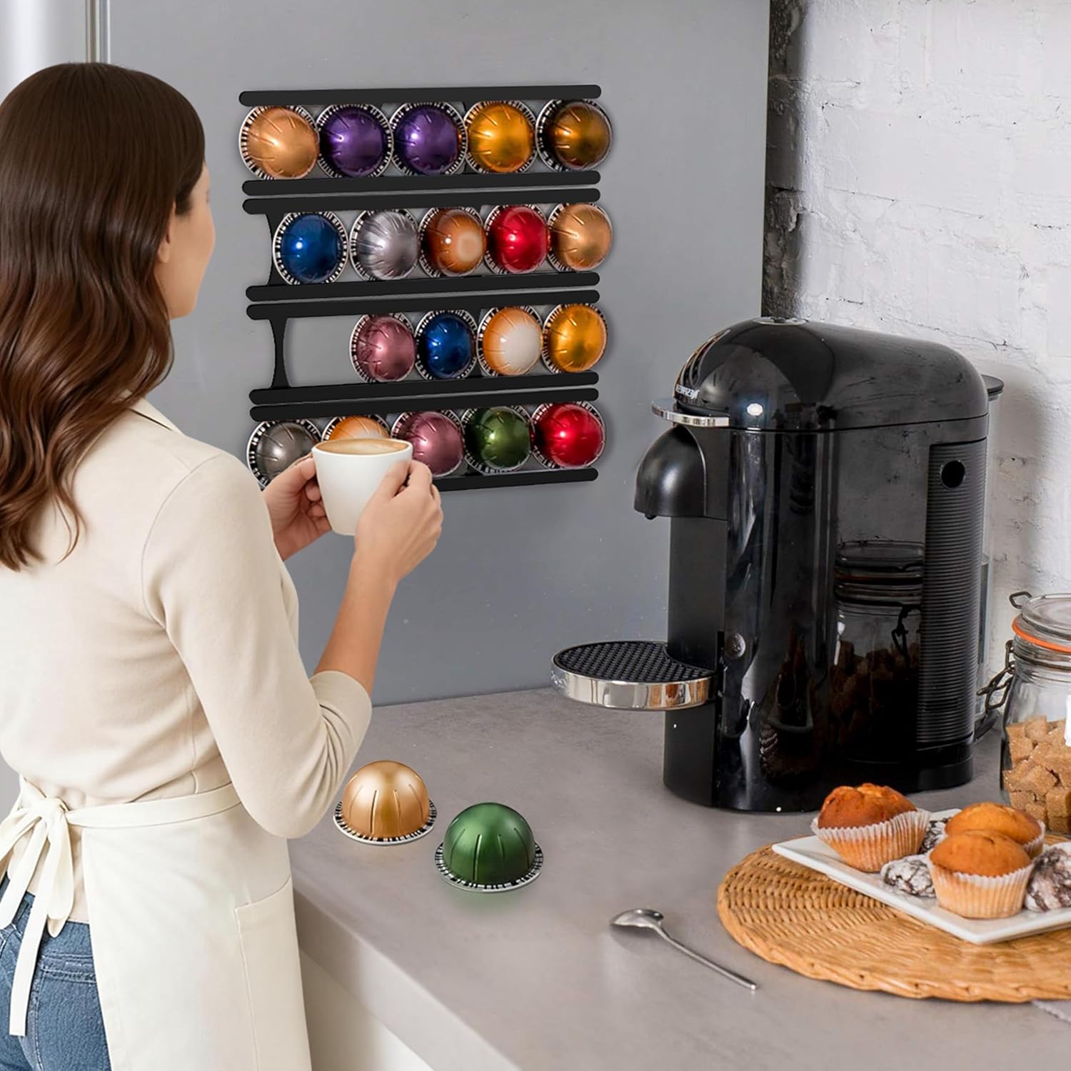 Coffee Pod Holder Compatible with Nespresso VertuoLine Capsules – 20-Pod Space-Saving Organizer for Wall, Cabinet, or Under-Counter Mount, Black