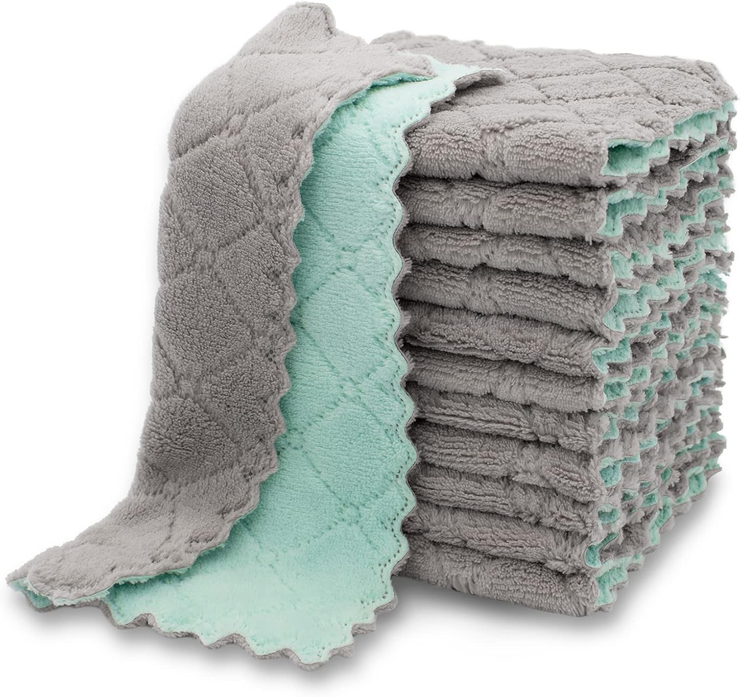 12 Pack Kitchen Cloth Dish Towels, Premium Dishcloths, Super Absorbent Coral Velvet Dishtowels, Nonstick Oil Washable Fast Drying Green-Grey