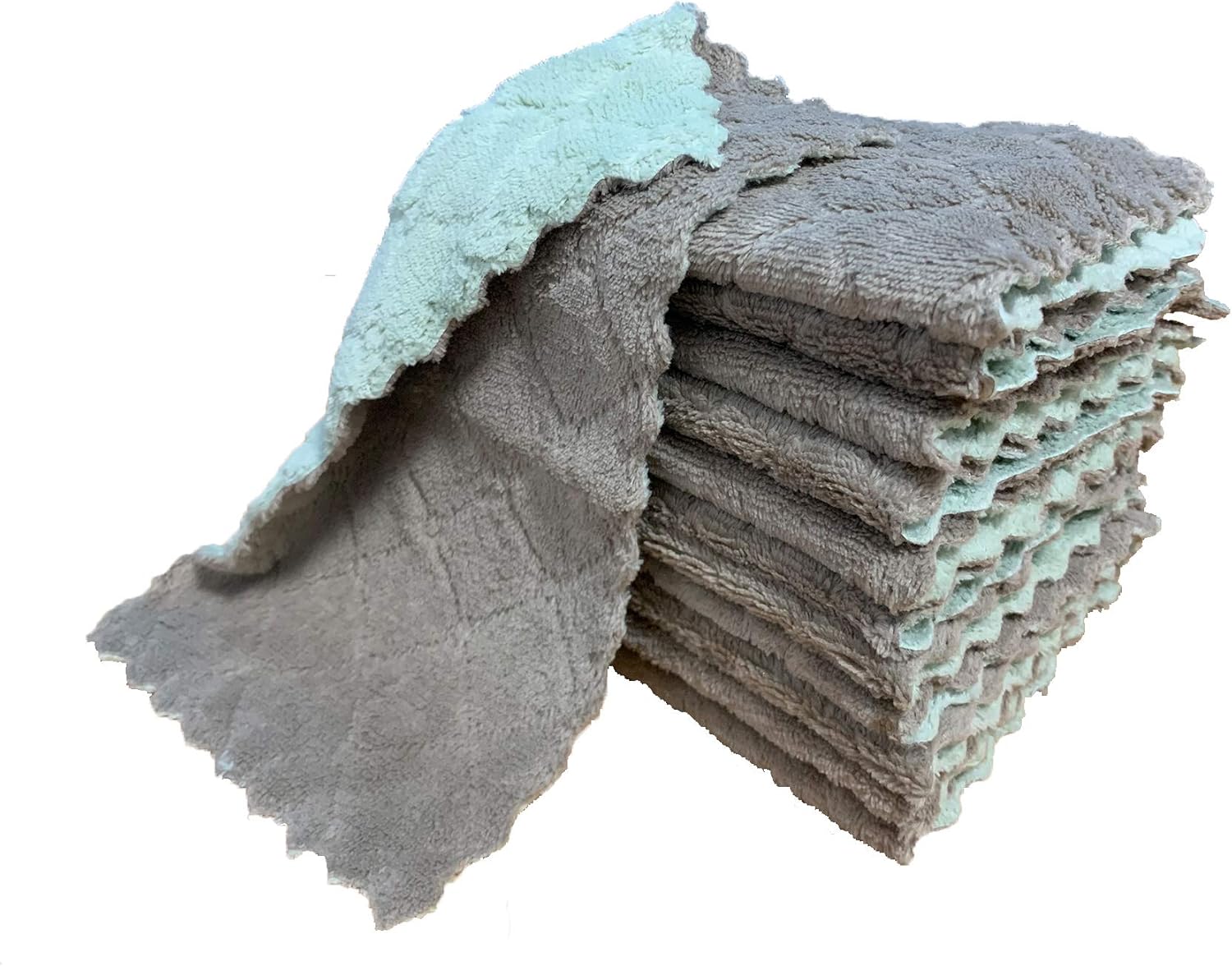 12 Pack Kitchen Cloth Dish Towels, Premium Dishcloths, Super Absorbent Coral Velvet Dishtowels, Nonstick Oil Washable Fast Drying Green-Grey