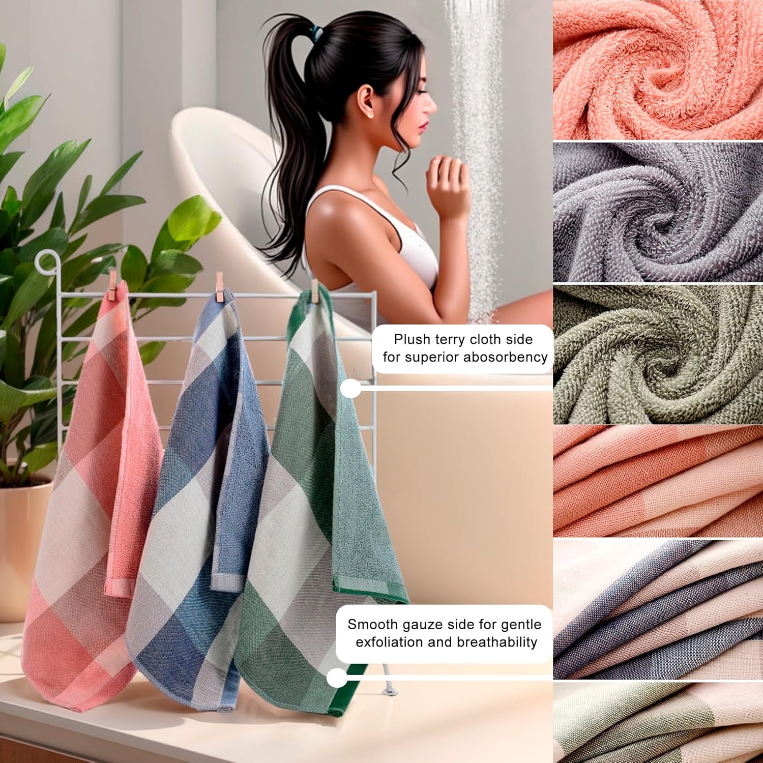 6 Pack 100% Cotton Washcloths, Dual-Sided Design Terry + Gauze Facecloths, 13x13 Inch Ginghqm Washrags, Soft & Skin-Friendly, for Bathroom, Kitchen & Hoehold Green, 13x13 Inches