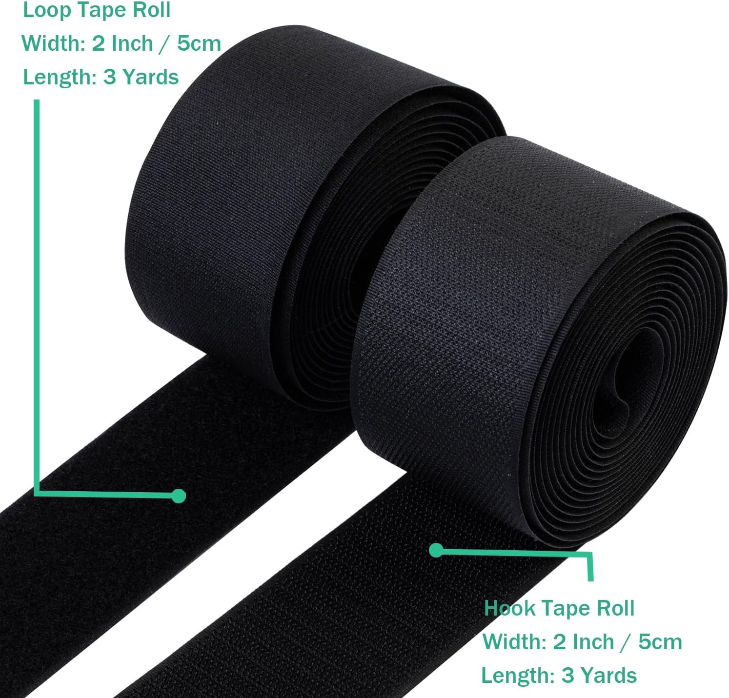 2 Inch Sew on Hook and Loop Strips | Easy to Sew | Excellent Grip | Non-Adhesive Back Nylon Fabric Fastener Strips for Clothing Sewing Crafts and DIY Projects, Black, 2in x 3yd