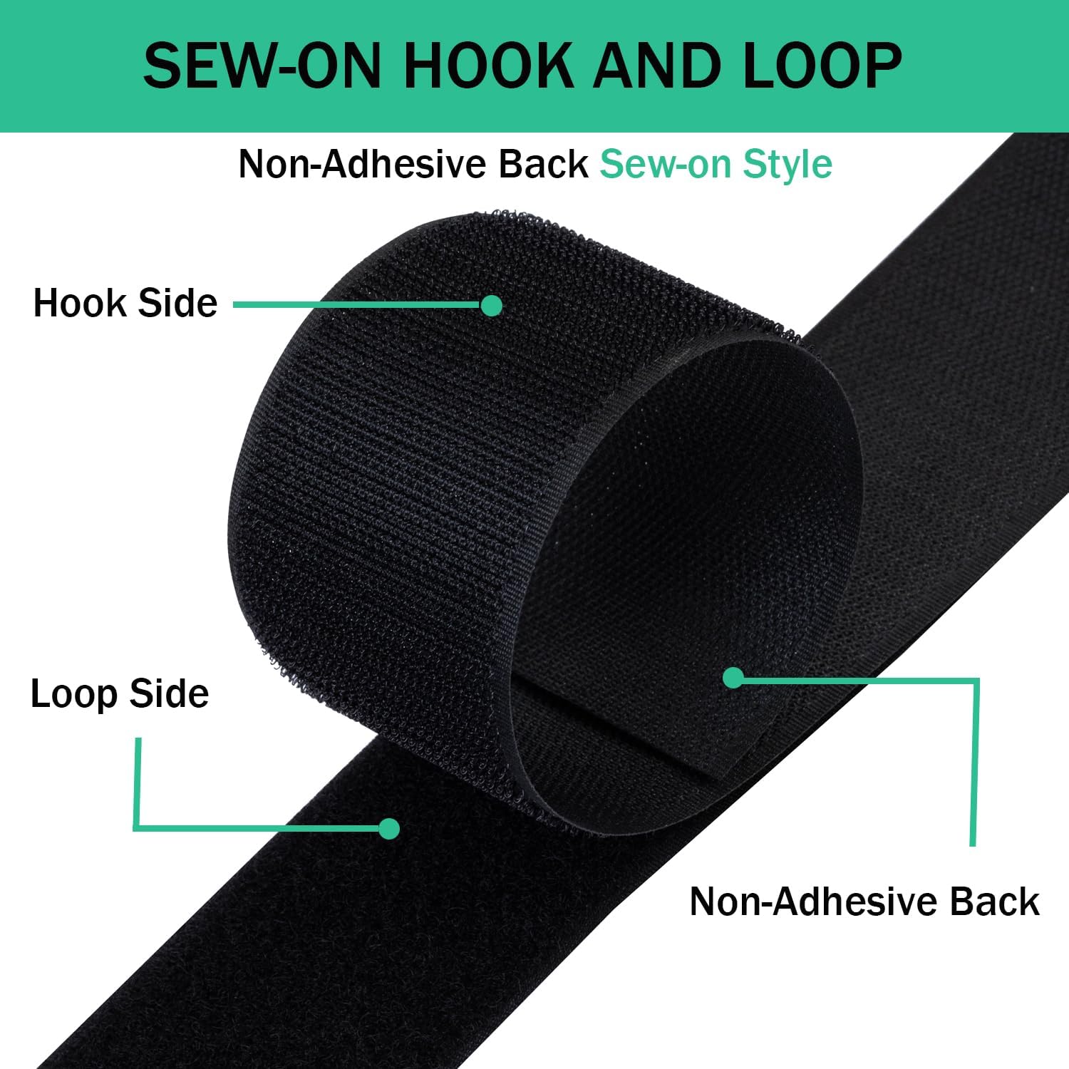 2 Inch Sew on Hook and Loop Strips | Easy to Sew | Excellent Grip | Non-Adhesive Back Nylon Fabric Fastener Strips for Clothing Sewing Crafts and DIY Projects, Black, 2in x 3yd