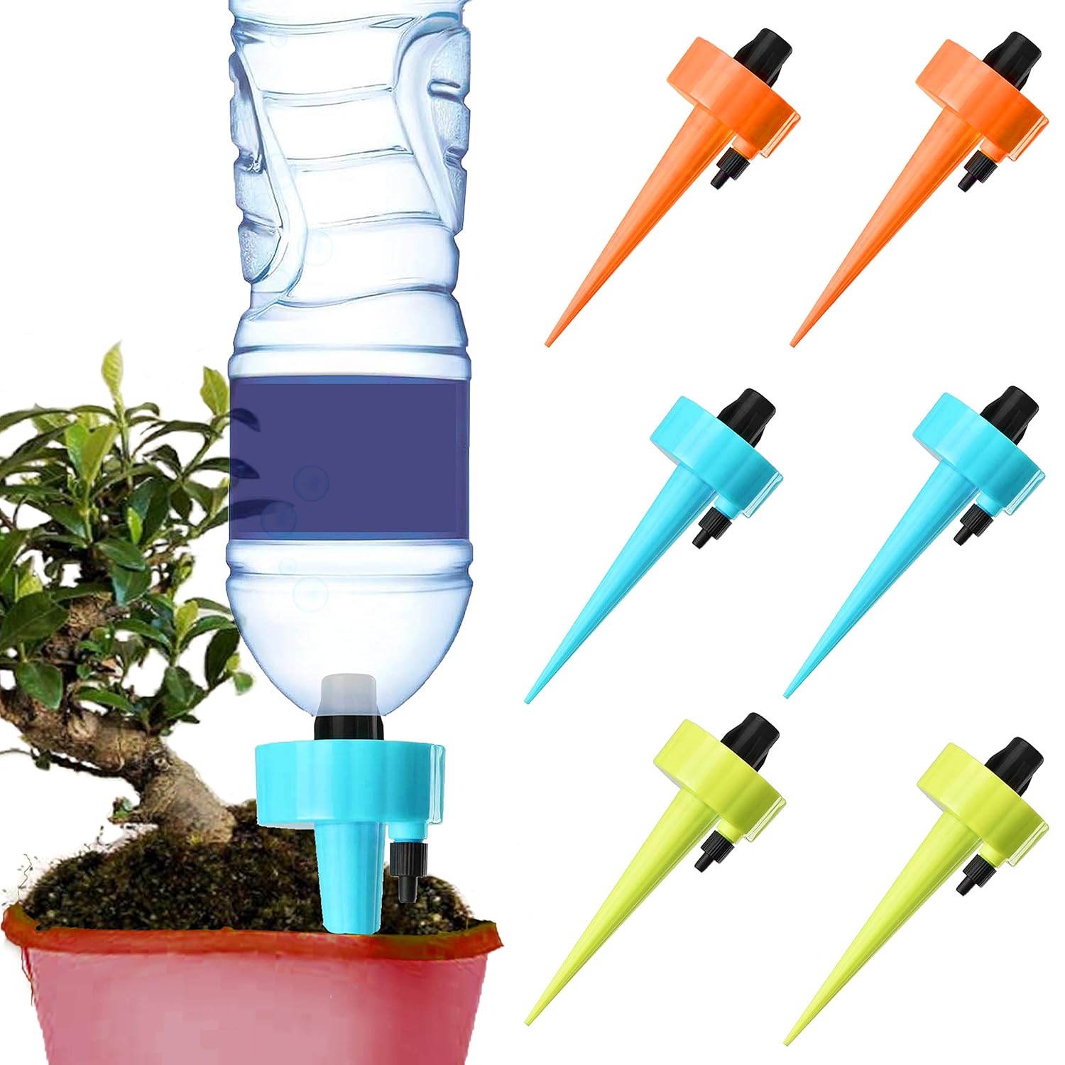 Plant Self Watering Spikes Automatic Irrigation Equipment Adjtable Self Watering Spikes for Plants with Slow Release Control Valve Orange Blue Green, 6pcs