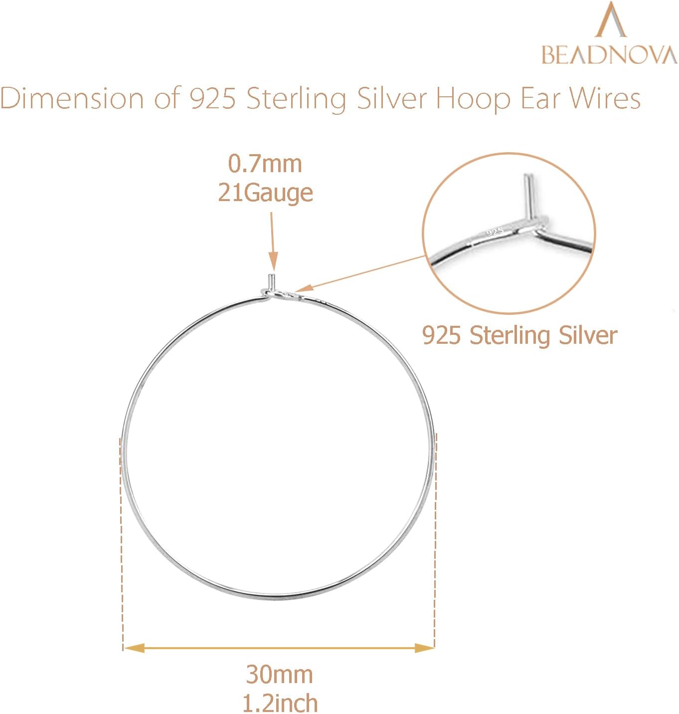 925 Sterling Silver Hoop Ear Wires Hoop Earrings Wires Earwires for Jewelry Making Earrings Making DIY 2pcs, 30mm