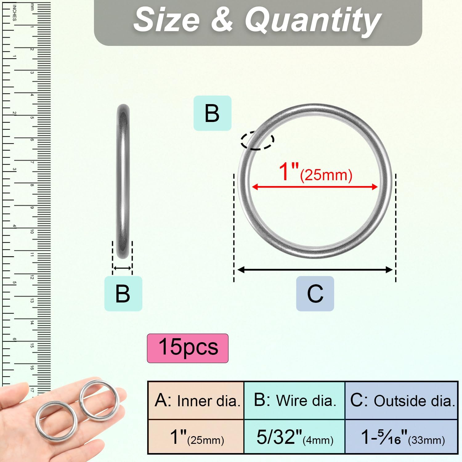 CooBigo 15pcs 1 Inch Stainless Steel Ring Buckle, Metal O Rings Buckles, Solid Welded Loop for Dreamcatcher Keyrings, Dog Collars, Macrame, Hanging Strap Slings