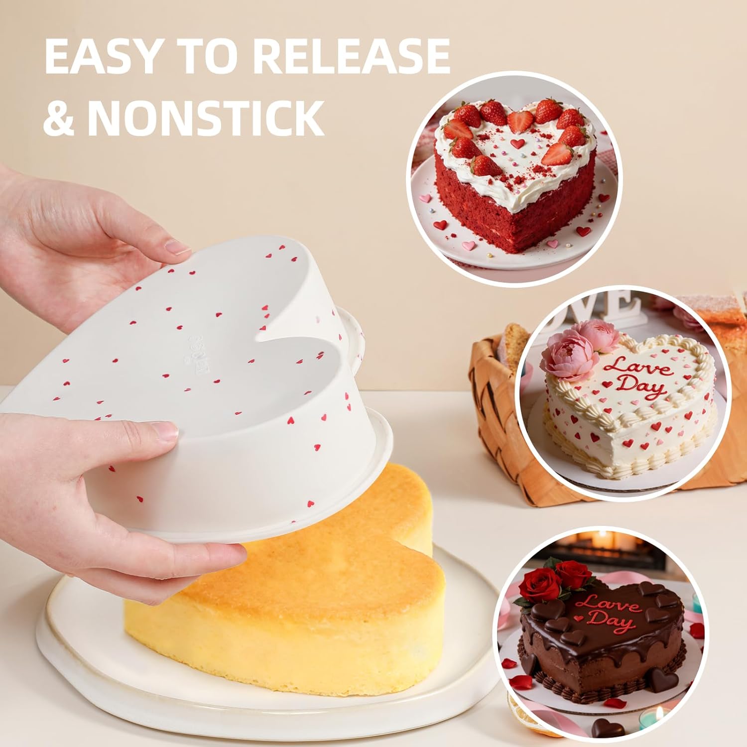 2P 10 Inch Silicone Heart Shaped Cake Pans, Nonstick Cake Pan, BPA Free Silicone Heart Cake Baking Mold for Oven Dishwasher Safe-Heartdot