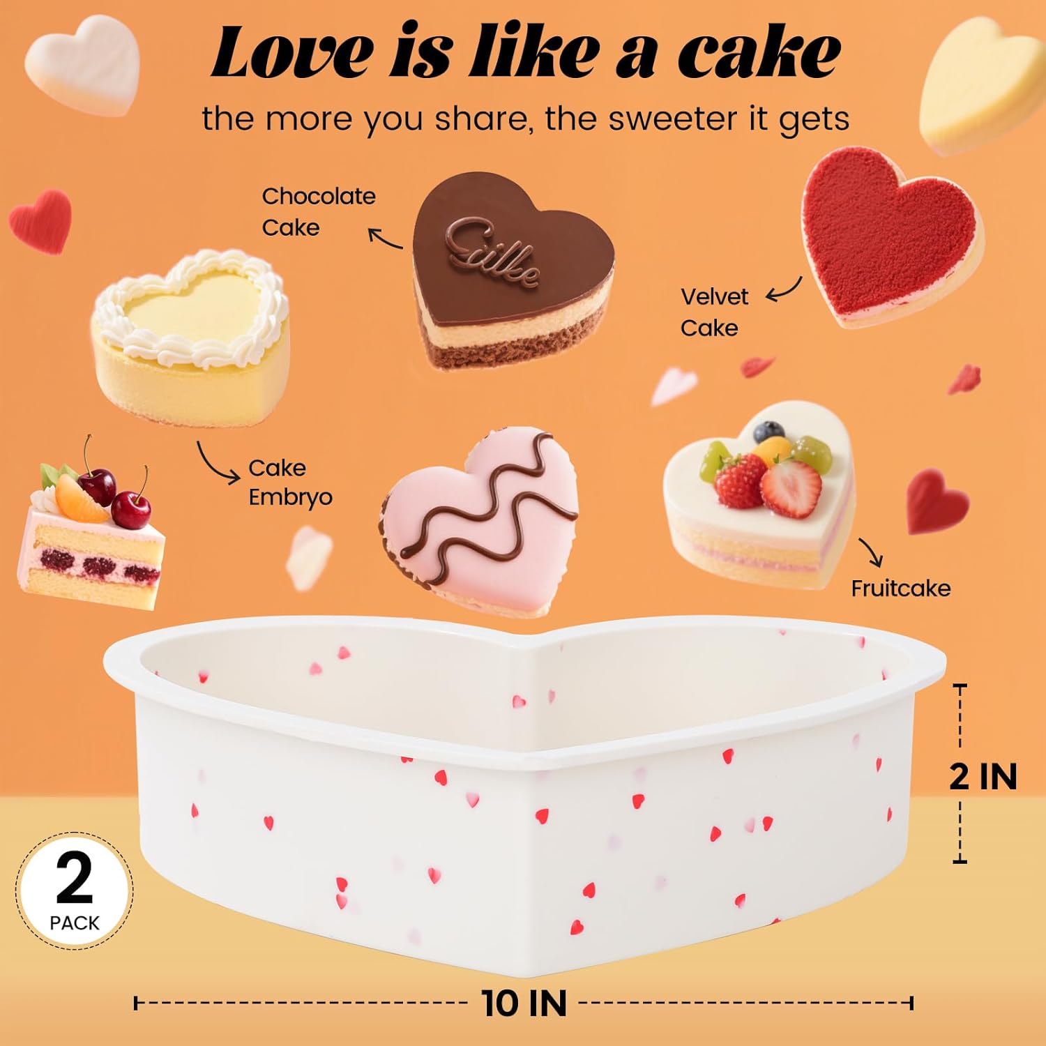 2P 10 Inch Silicone Heart Shaped Cake Pans, Nonstick Cake Pan, BPA Free Silicone Heart Cake Baking Mold for Oven Dishwasher Safe-Heartdot