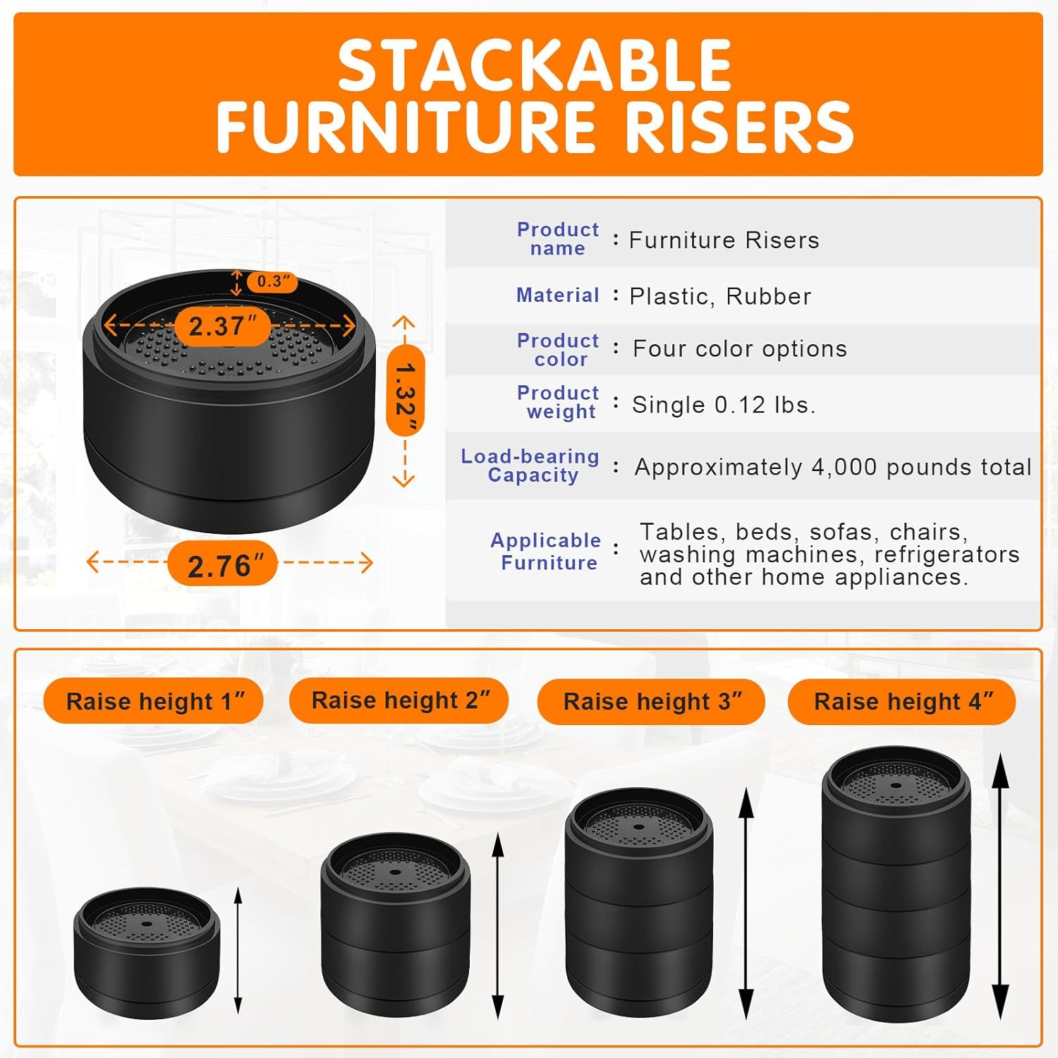 Furniture Risers Bed Risers Heavy Duty 1 inch, 2 inch, 3 inch, 4 inch Round Adjtable Bed Lifts Riser for Desk Legs Table Couch Sofa Chair Refrigerator Washing Machine 1+1 Inch, Black, 4 Pack