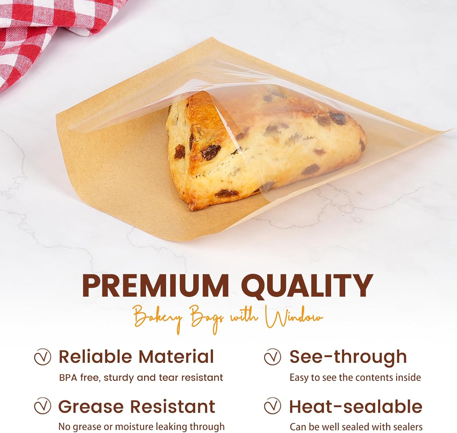 100 Pack Cookie Packaging Bags with Seal, 5.7x6.5 Inch Paper Bakery Bags with Window, Heat Sealable & Grease Resistant To Go Bake Sale Sleeves for Treat, Donut, Cake Slice, Scone, Brownie