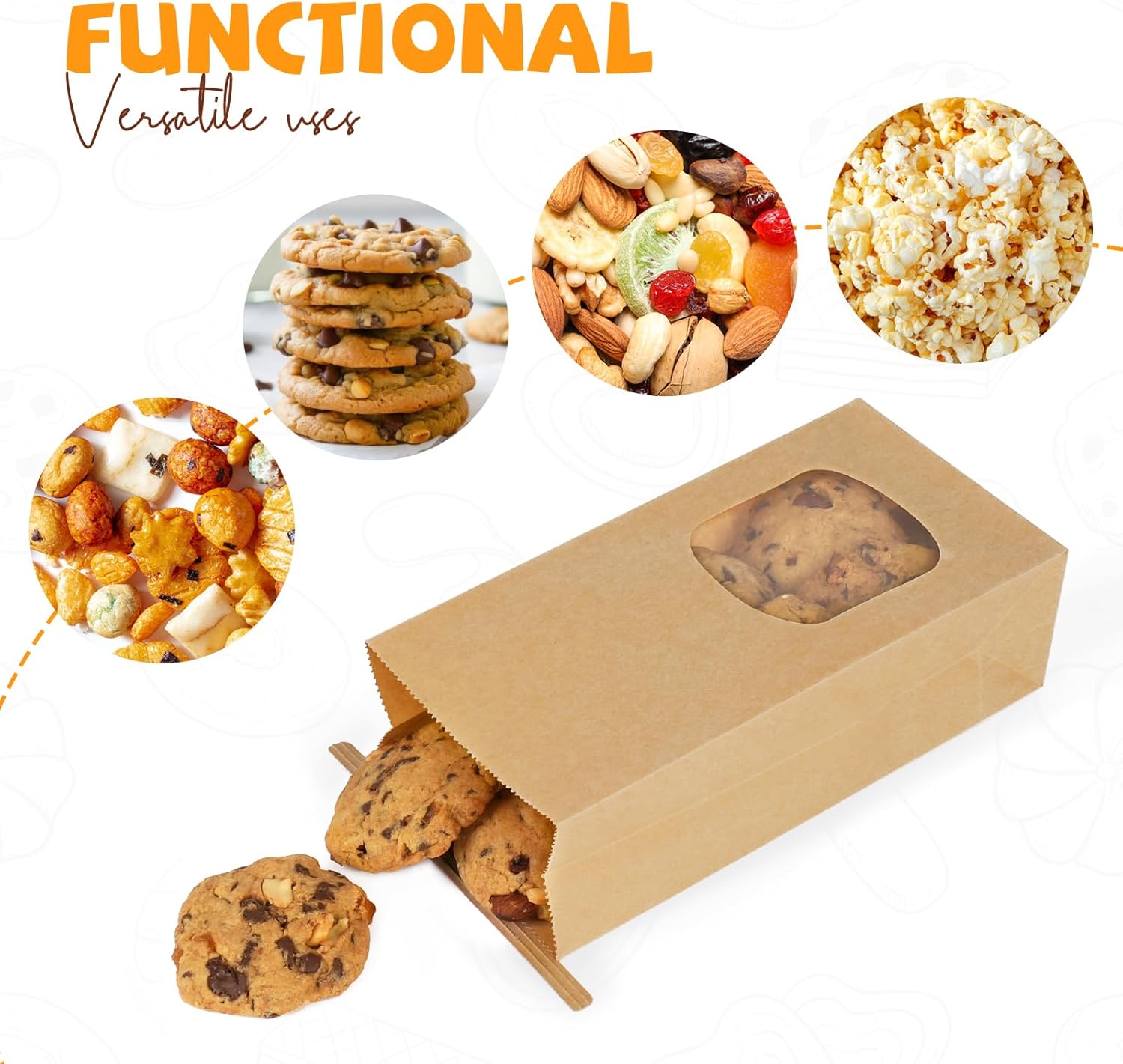 50 Pack Bakery Bags with Window, 3.9x2.3x8 Inches Tin Tie Tab Paper Cookie Bags Brown Small Gift Bag for Packaging Popcorn, Trail Mix, Treats, Snacks, Baked Goods, Party Favors | Grease Resistant, Resealable