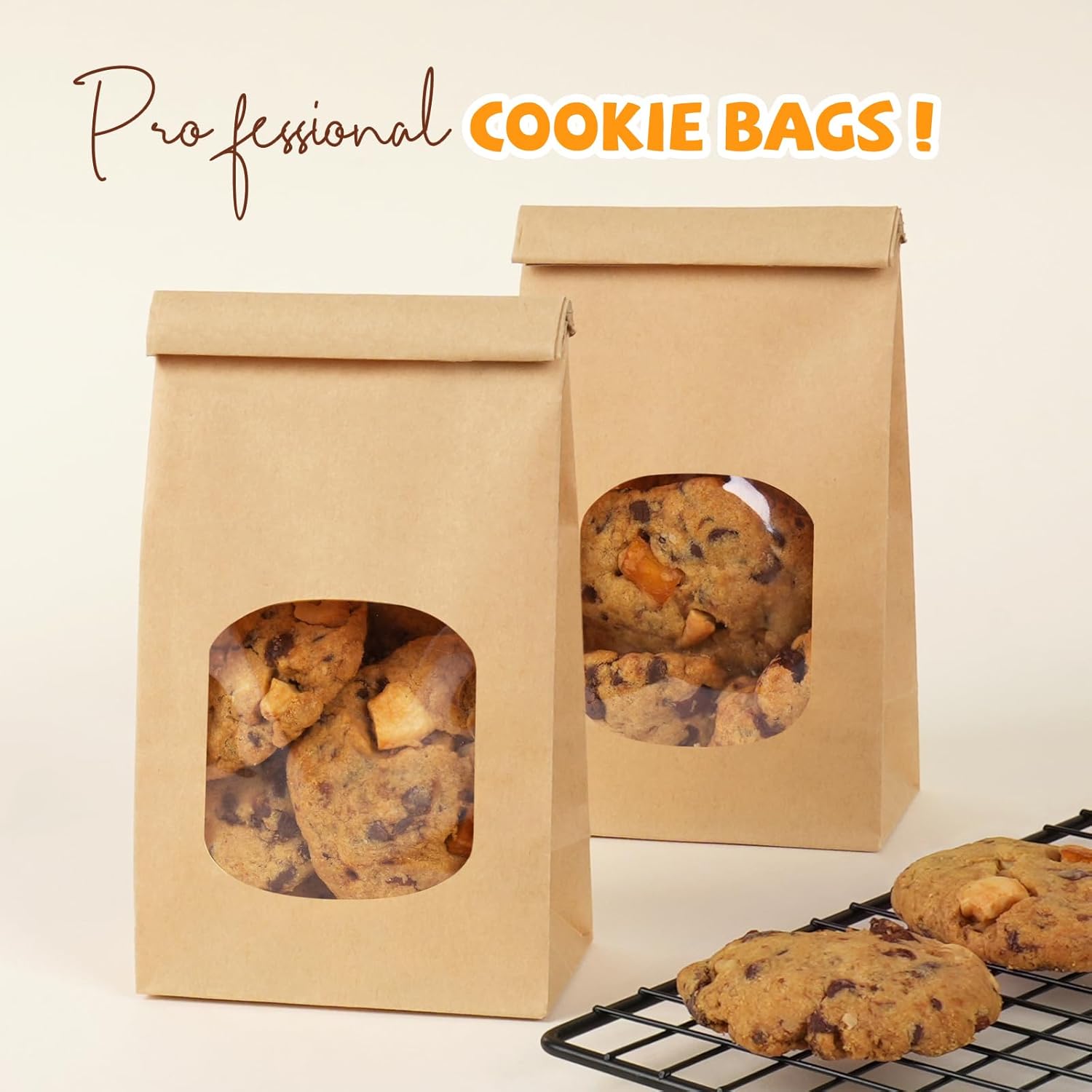 50 Pack Bakery Bags with Window, 3.9x2.3x8 Inches Tin Tie Tab Paper Cookie Bags Brown Small Gift Bag for Packaging Popcorn, Trail Mix, Treats, Snacks, Baked Goods, Party Favors | Grease Resistant, Resealable