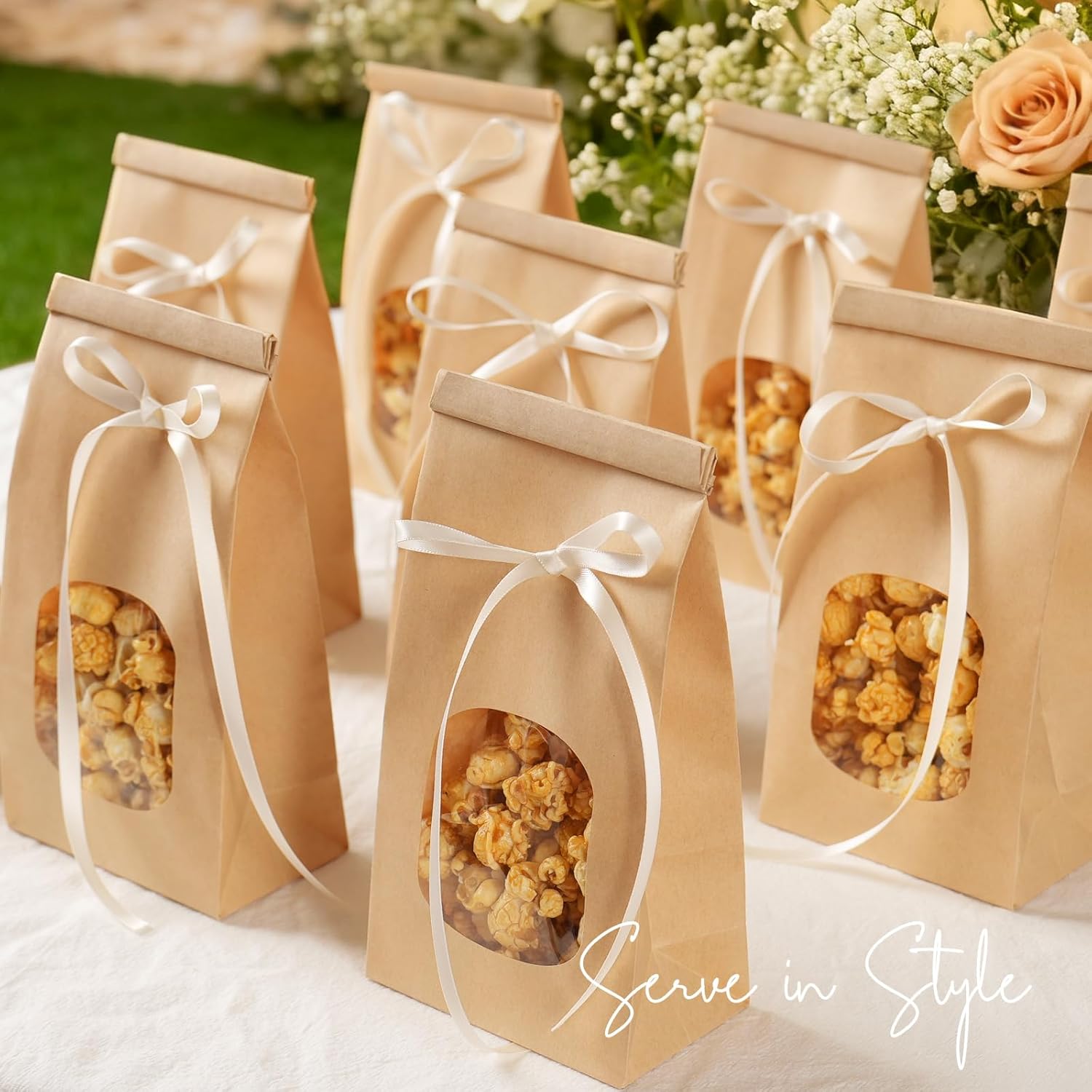 50 Pack Bakery Bags with Window, 3.9x2.3x8 Inches Tin Tie Tab Paper Cookie Bags Brown Small Gift Bag for Packaging Popcorn, Trail Mix, Treats, Snacks, Baked Goods, Party Favors | Grease Resistant, Resealable