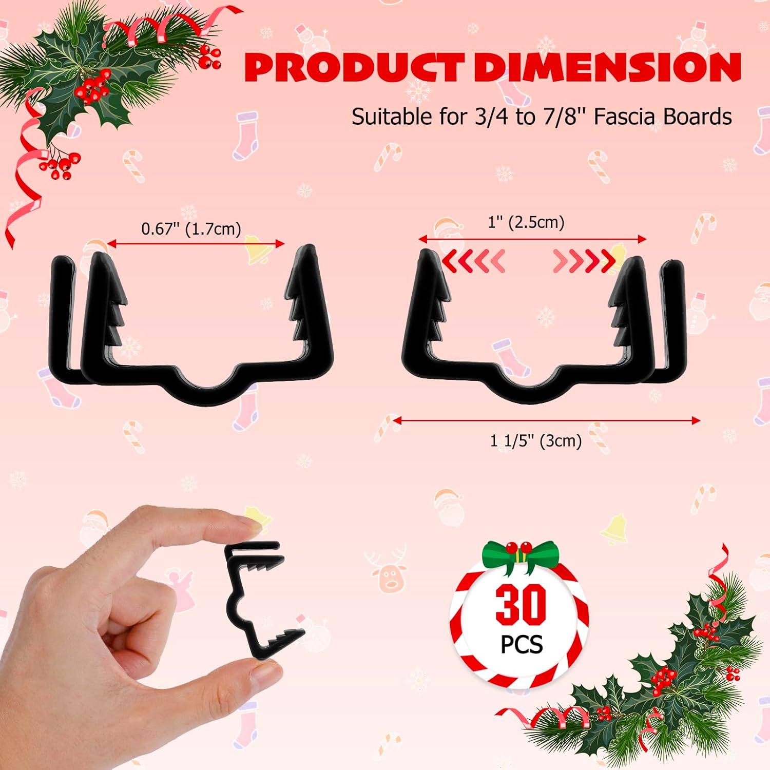 Christmas Light Hanger Clips Fascia Board Light Clips Plastic Holiday Deck Banister Hanger for Christmas Fascia Board Roof Gutter Fence Eave Decoration, Black 30 PCS, 7/8"