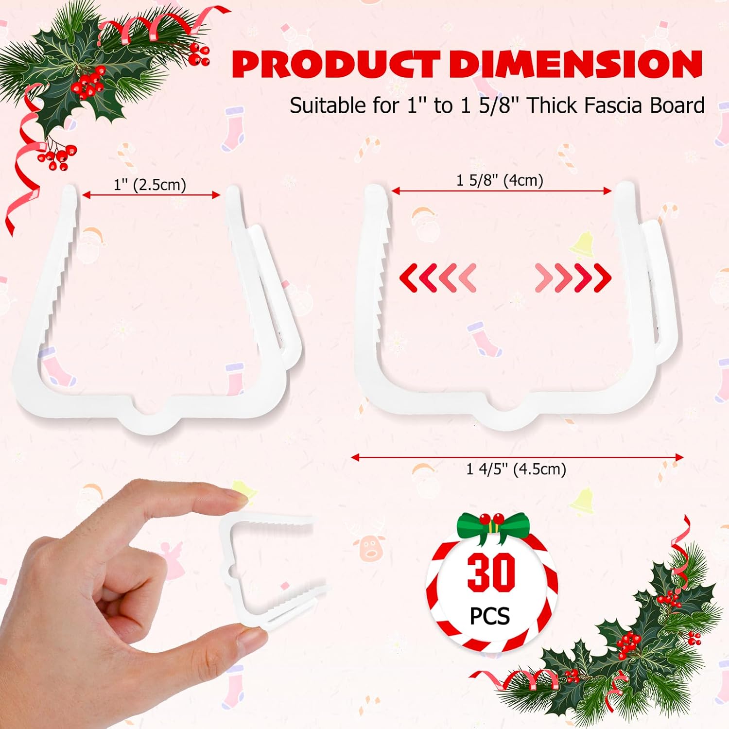 Christmas Light Hanger Clips, Fascia Board Clips, Deck Banister Light Clips, Plastic Holiday Light Clips for Christmas Fascia Board Roof Gutter Fence Eave Decoration 30 PCS, 1 5/8"