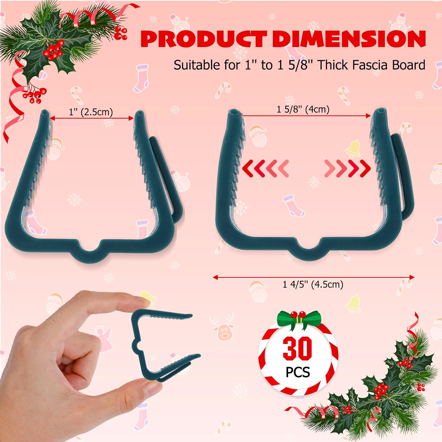 Christmas Light Hanger Clips Fascia Board Light Clips Plastic Holiday Deck Banister Hanger for Christmas Fascia Board Roof Gutter Fence Eave Decoration, Green 30 PCS, 1 5/8"