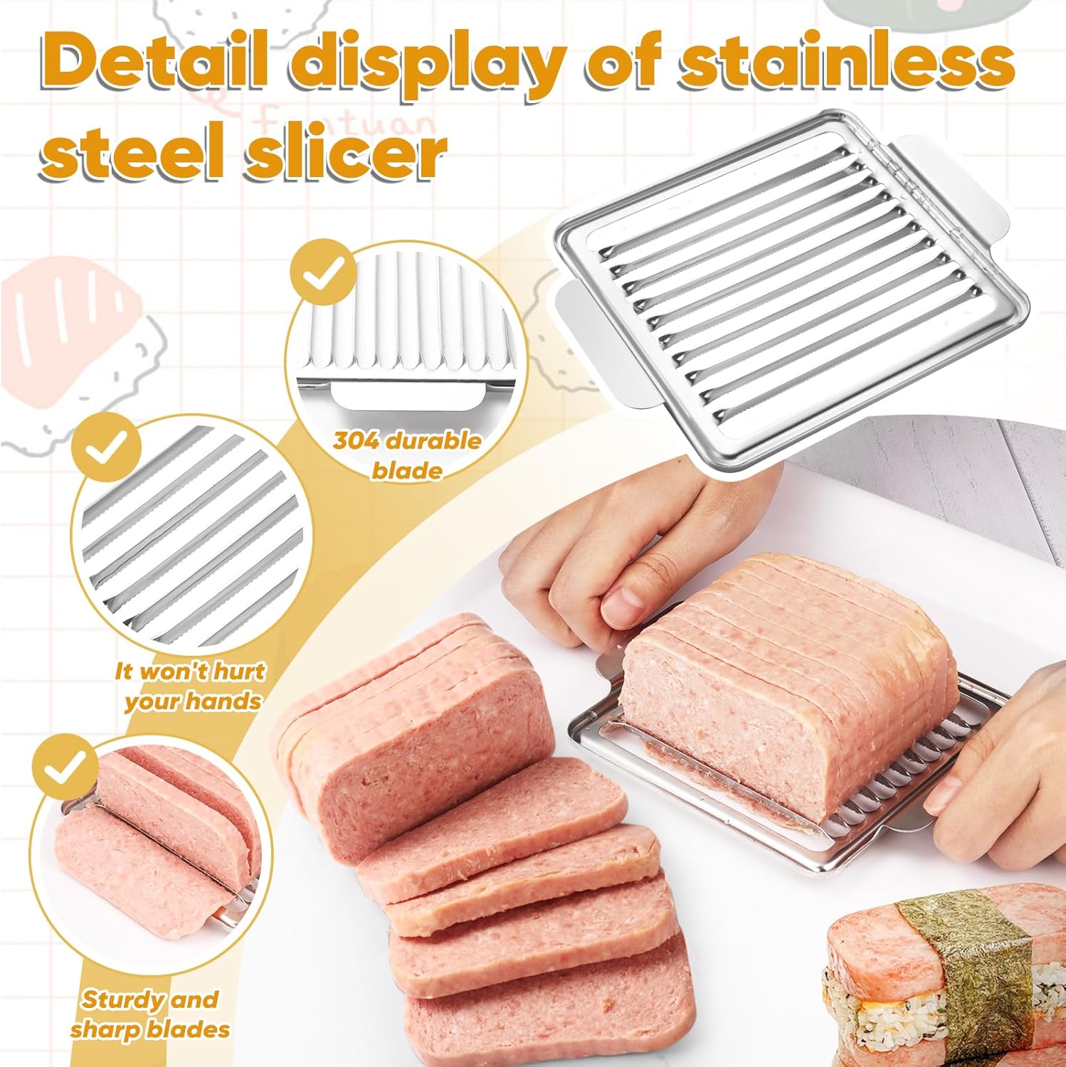 Mubi Press Mold Kit, 2 Pack Clear Mubi Maker with Stainless Steel 304 Luncheon Meat Slicer for SPAM