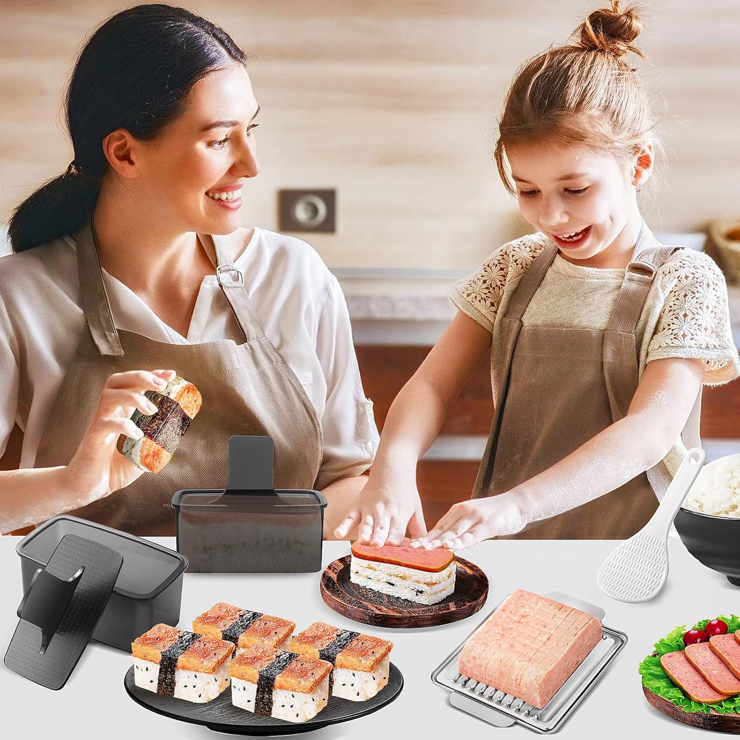 Mubi Press Mold Kit, 2 Pack Clear Mubi Maker with Stainless Steel 304 Luncheon Meat Slicer for SPAM