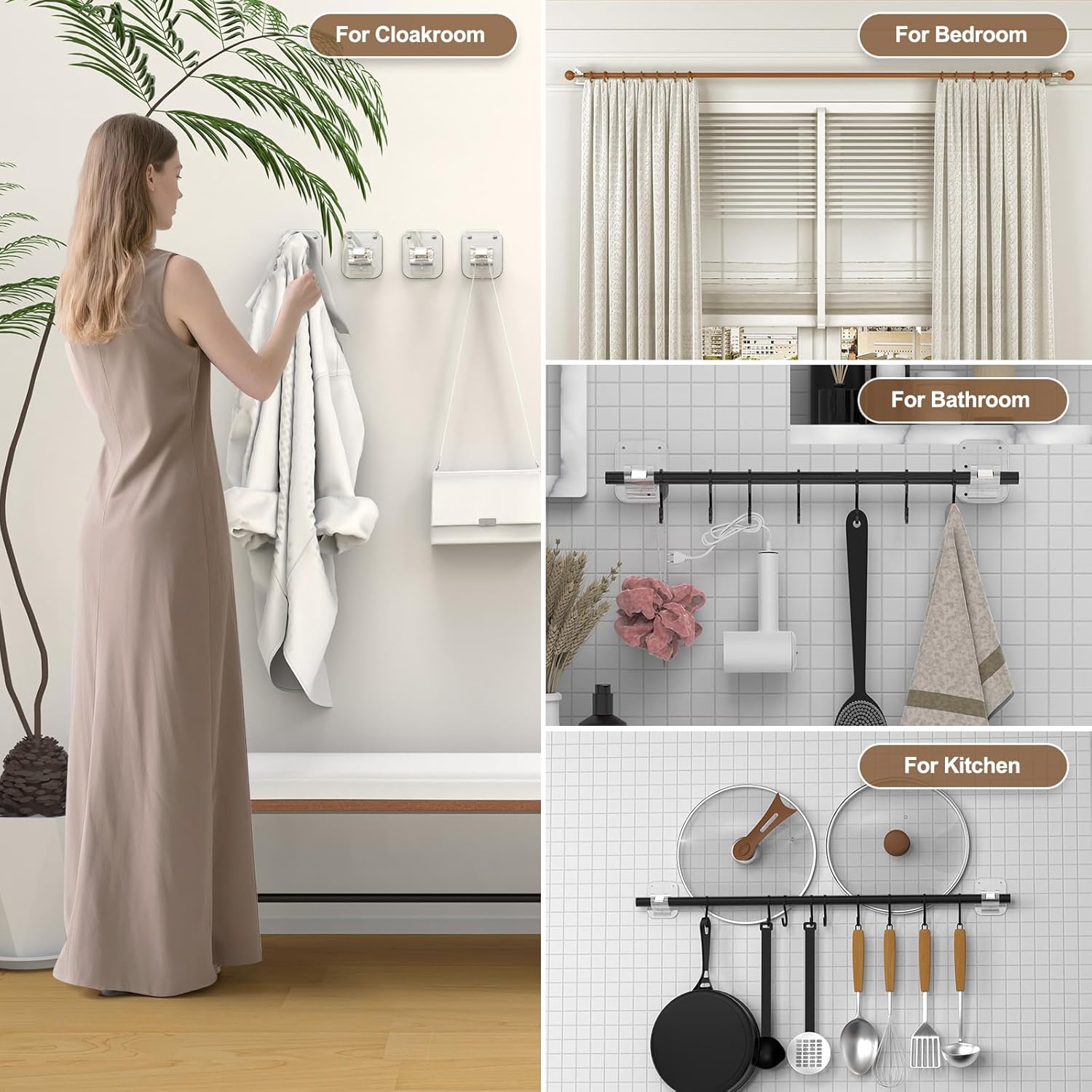 No Drill Curtain Rod Brackets No Drilling Holder 40LB - Renter Friendly Self Adhesive Hooks for Apartment Dorm Classroom Essentials Decor Hanging Drapes Rv Over Blinds Kitchen Bedroom Home