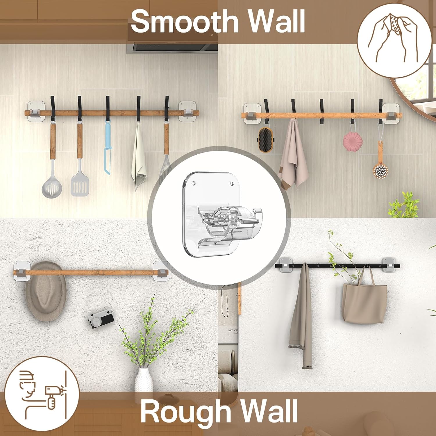 No Drill Curtain Rod Brackets No Drilling Holder 40LB - Renter Friendly Self Adhesive Hooks for Apartment Dorm Classroom Essentials Decor Hanging Drapes Rv Over Blinds Kitchen Bedroom Home