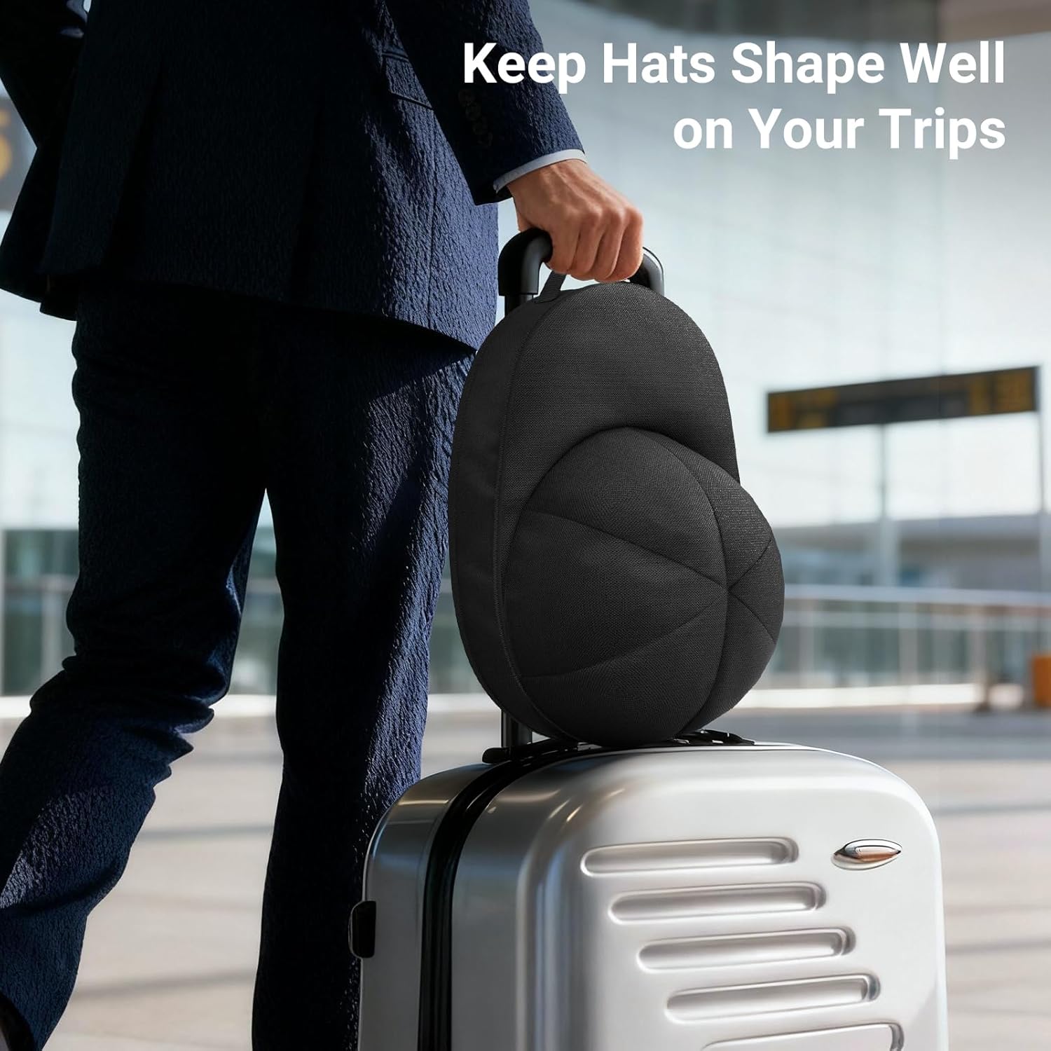 Hat Travel Case for Baseball Caps, Cap Carrier with Plastic Holder & Carrying Handle, Holds up to 6 Caps Hat Bag for Luggage, Suitcase Black