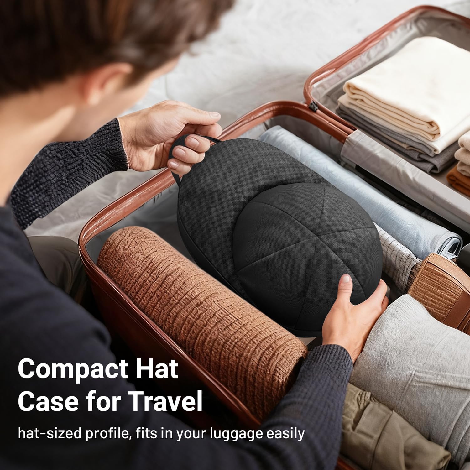 Hat Travel Case for Baseball Caps, Cap Carrier with Plastic Holder & Carrying Handle, Holds up to 6 Caps Hat Bag for Luggage, Suitcase Black