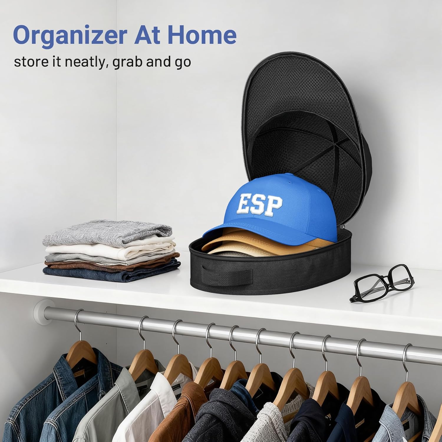 Hat Travel Case for Baseball Caps, Cap Carrier with Plastic Holder & Carrying Handle, Holds up to 6 Caps Hat Bag for Luggage, Suitcase Black