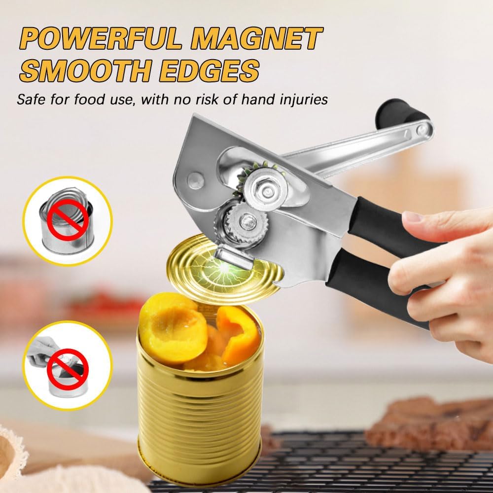 Commercial Heavy-Duty Manual Can Opener with Easy-Turn Crank, Long Rubber Handle & Magnetic Lid Holder