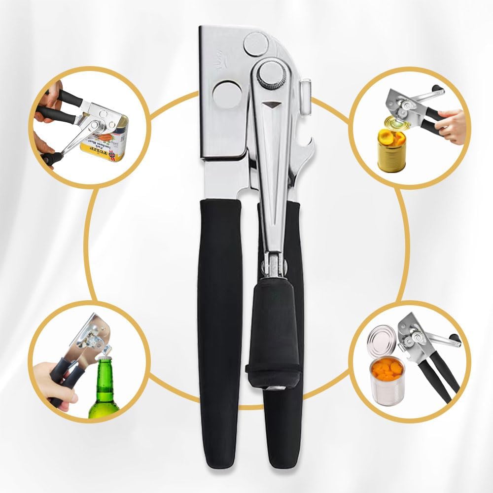 Commercial Heavy-Duty Manual Can Opener with Easy-Turn Crank, Long Rubber Handle & Magnetic Lid Holder