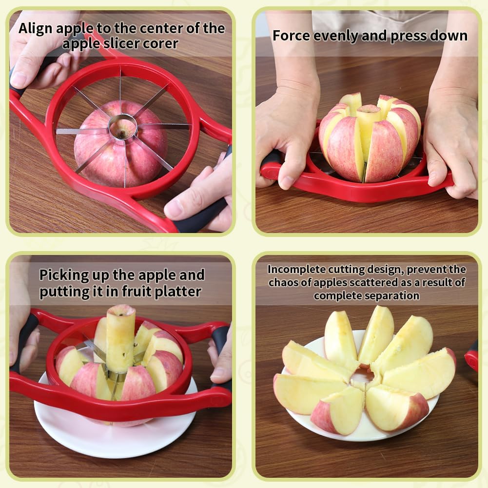 Apple Slicer Corer, 8-Slice Large Size Premium Apple Slicer Corer, Cutter, Divider, Wedger, Stainless Steel Easy Grip Fruit Slicer with Sharp Blade for Apples, Pears and More, Red