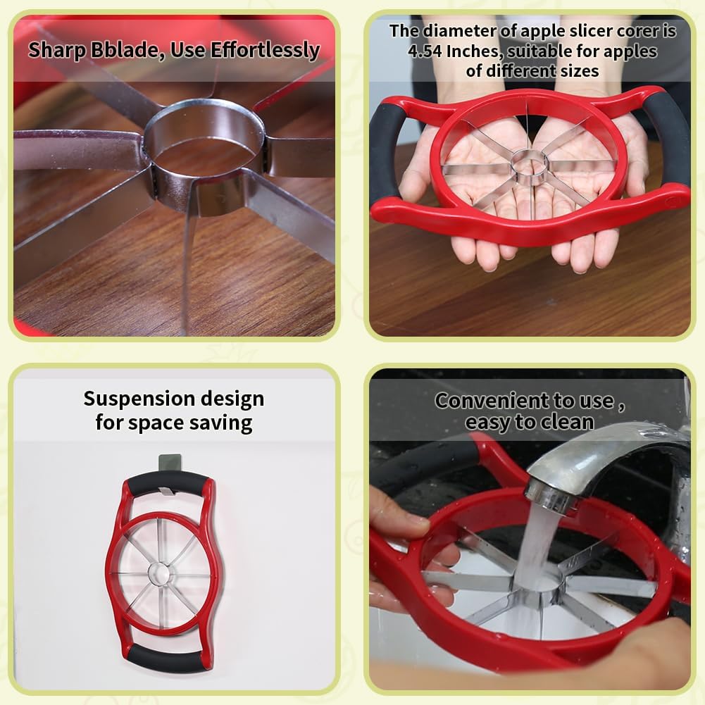Apple Slicer Corer, 8-Slice Large Size Premium Apple Slicer Corer, Cutter, Divider, Wedger, Stainless Steel Easy Grip Fruit Slicer with Sharp Blade for Apples, Pears and More, Red