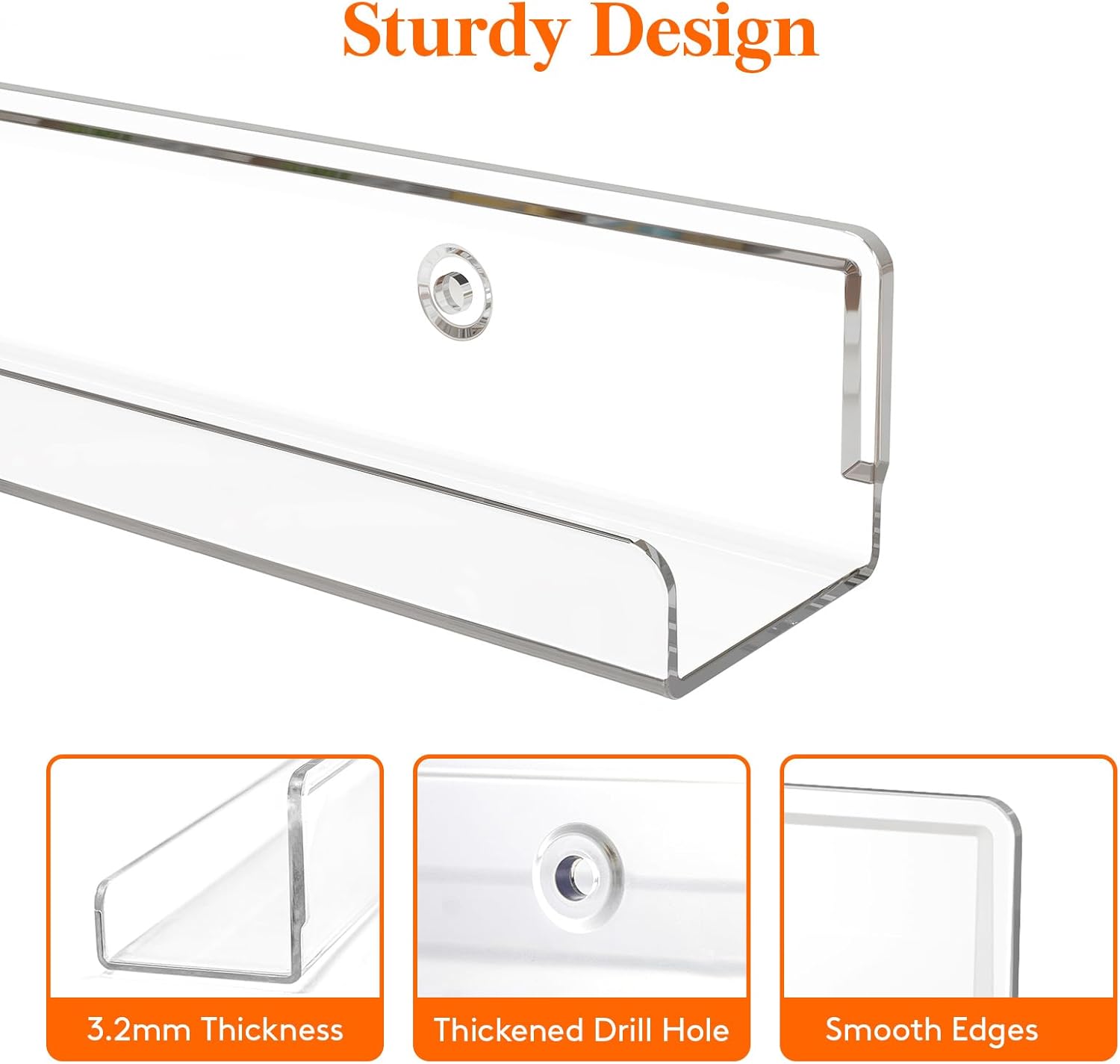 Narrow Floating Shelves for Vinyl Record 6 Pack, 12" Clear Wall Shelves for Nail Polish/Book/Picture/Makeup, Acrylic Wall Display Shelf Organizer for Bedroom, Living Room, Bathroom Decor