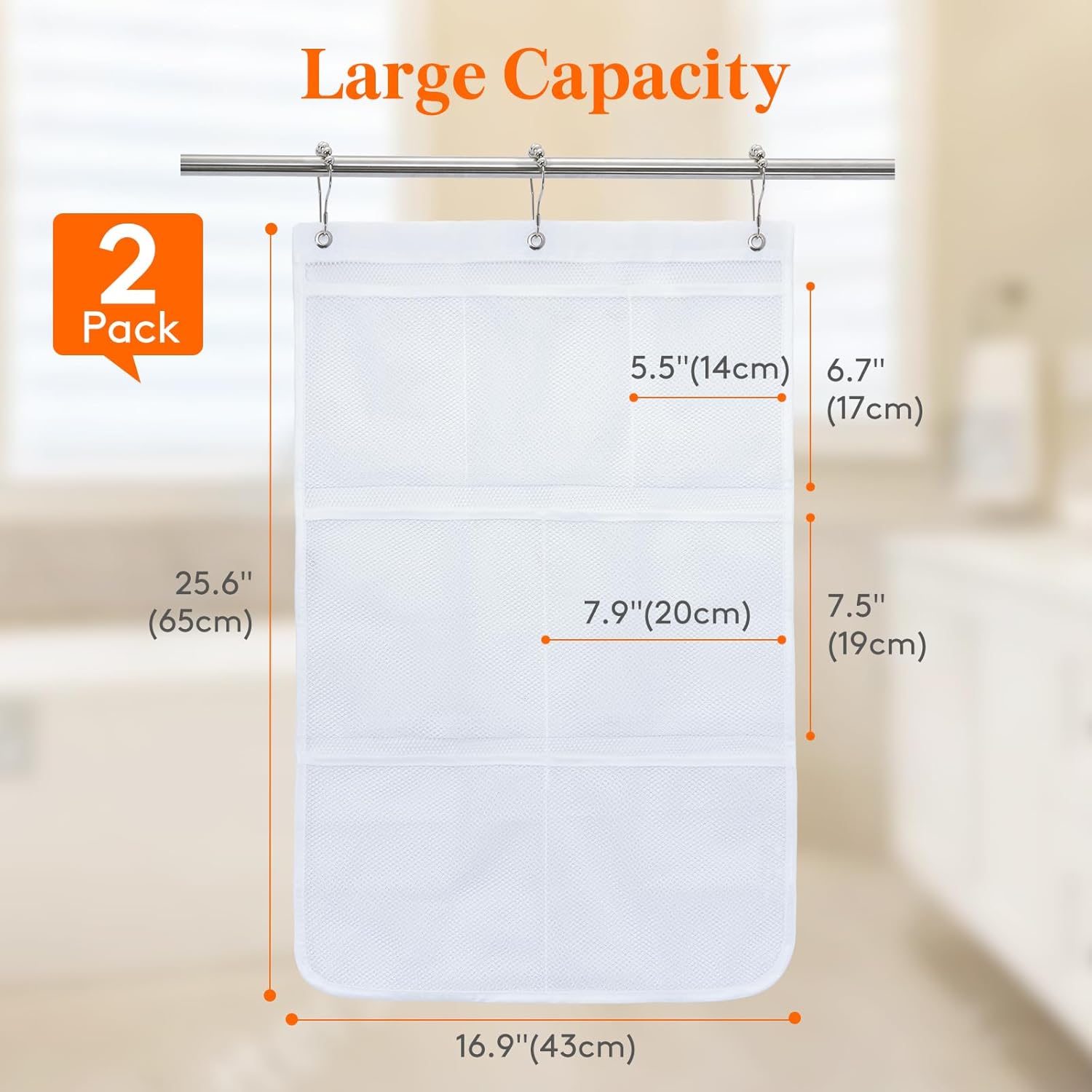 Cruise Essentials Shower Caddy Mt-Have, 7 Pockets Hanging Bathroom Organizer with Quick-Dry Mesh, Portable Shower Bag to Storage Soap, Shampoo, for RVing, Travel, Camping, White, 2 Packs