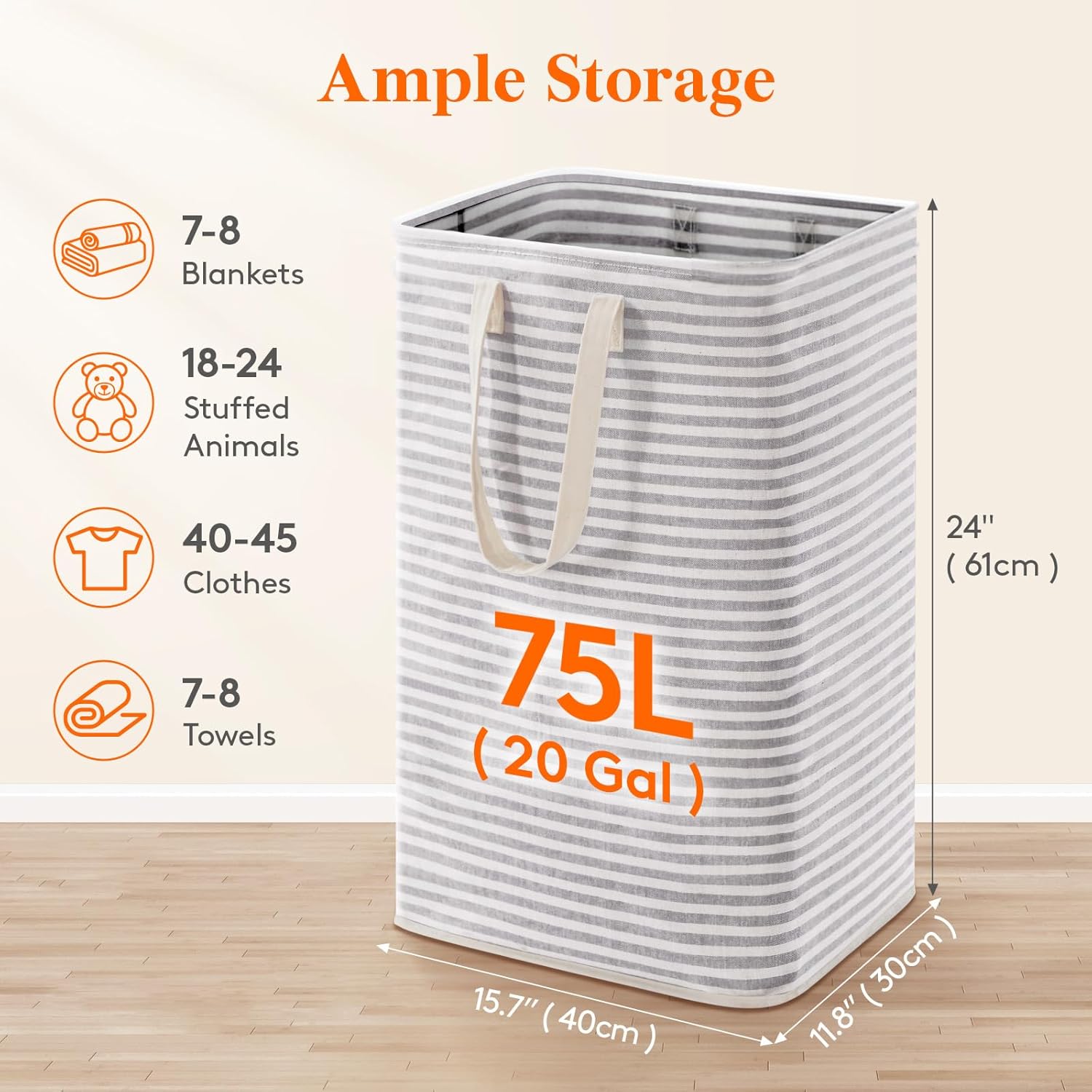 75L Large Collapsible Laundry Hamper, Tall Foldable Dirty Clothes Baskets Waterproof, Freestanding Design with Easy Carry Handles in Dorm Bedroom Bathroom College, Grey