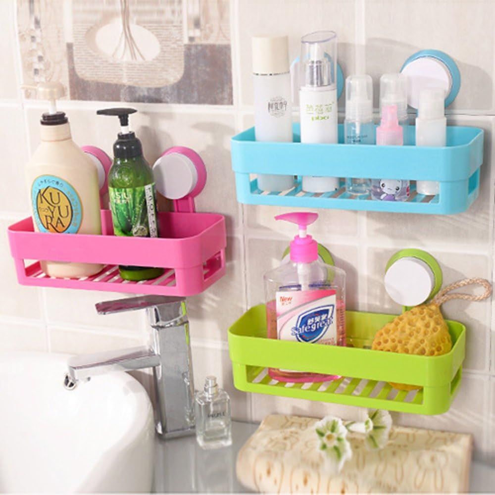 Plastic Organizer Rack for Bathroom Kitchen Storage Box Basket Organization W/Wall Mounted Suction Cup Pink