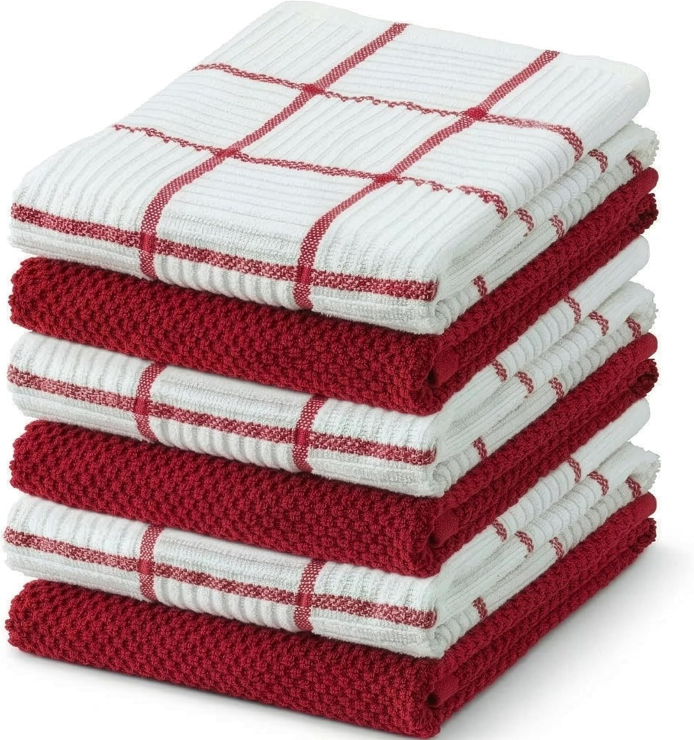 6 Pack Large Kitchen Towels, 16x27 inch Absorbent Dishcloths, 100% Cotton Cleaning Cloth, Red Set Pack of 6