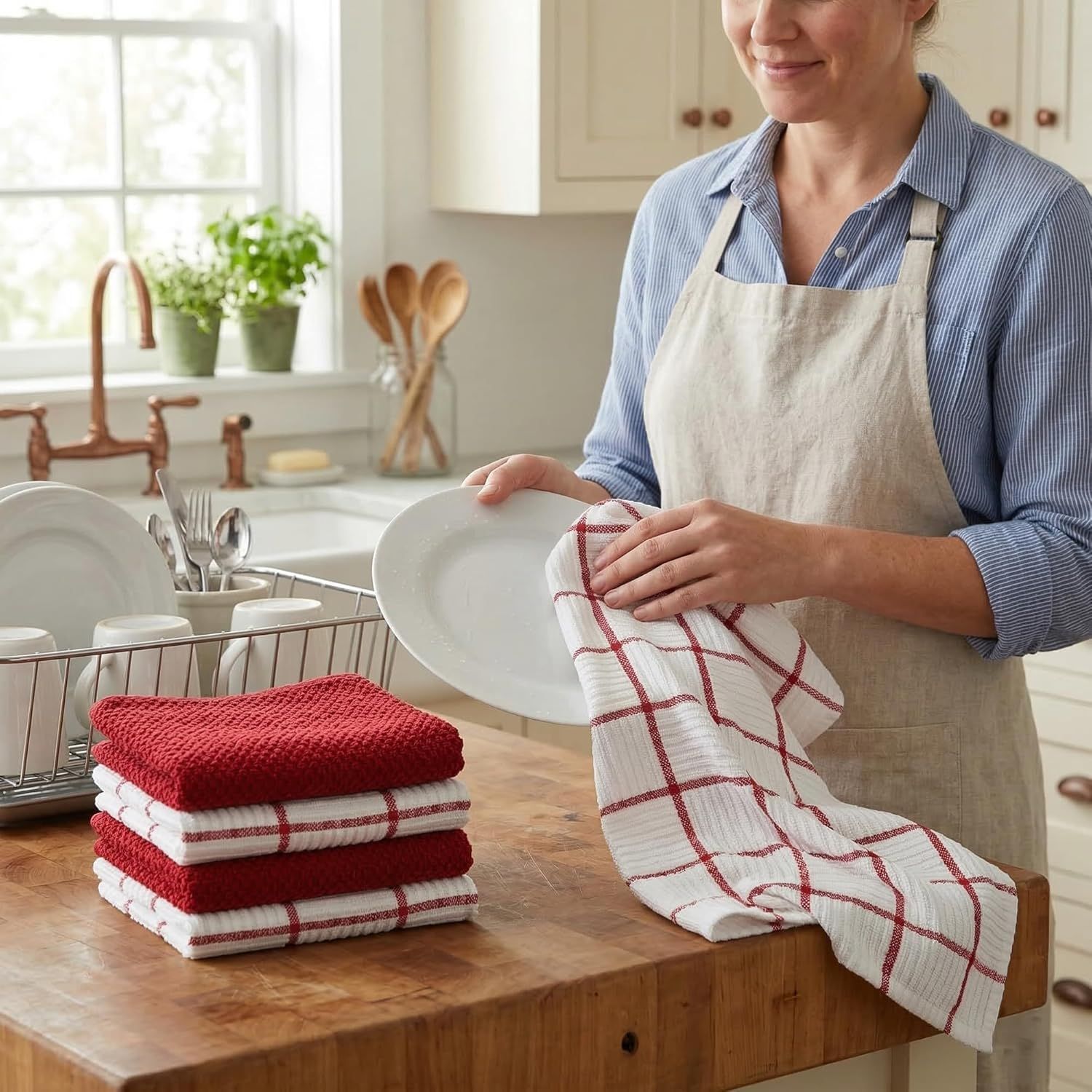 6 Pack Large Kitchen Towels, 16x27 inch Absorbent Dishcloths, 100% Cotton Cleaning Cloth, Red Set Pack of 6
