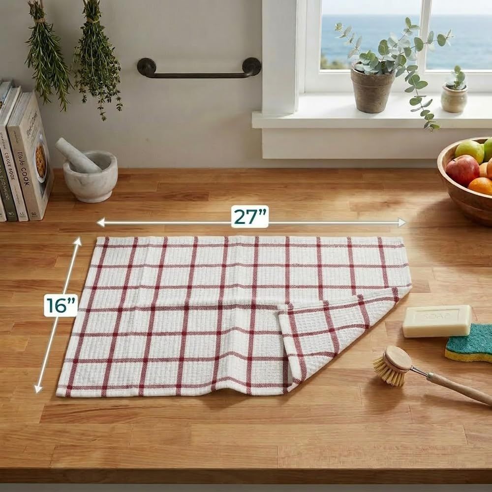 6 Pack Large Kitchen Towels, 16x27 inch Absorbent Dishcloths, 100% Cotton Cleaning Cloth, Red Set Pack of 6