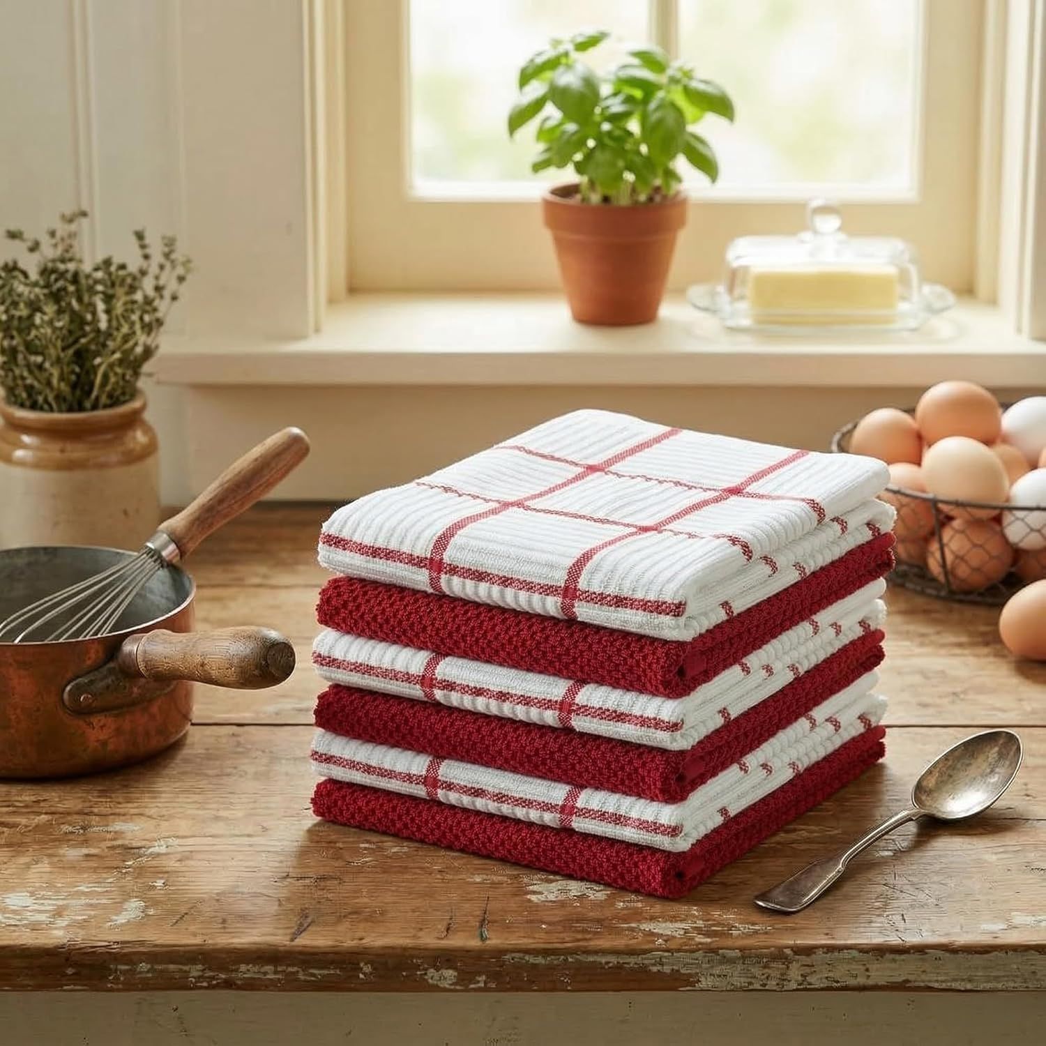 6 Pack Large Kitchen Towels, 16x27 inch Absorbent Dishcloths, 100% Cotton Cleaning Cloth, Red Set Pack of 6