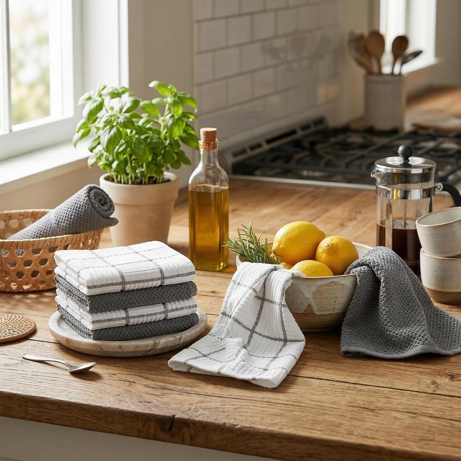 6 Pack Large Kitchen Towels, 16x27 inch Absorbent Dishcloths, 100% Cotton Cleaning Cloth, Gray Set Pack of 6